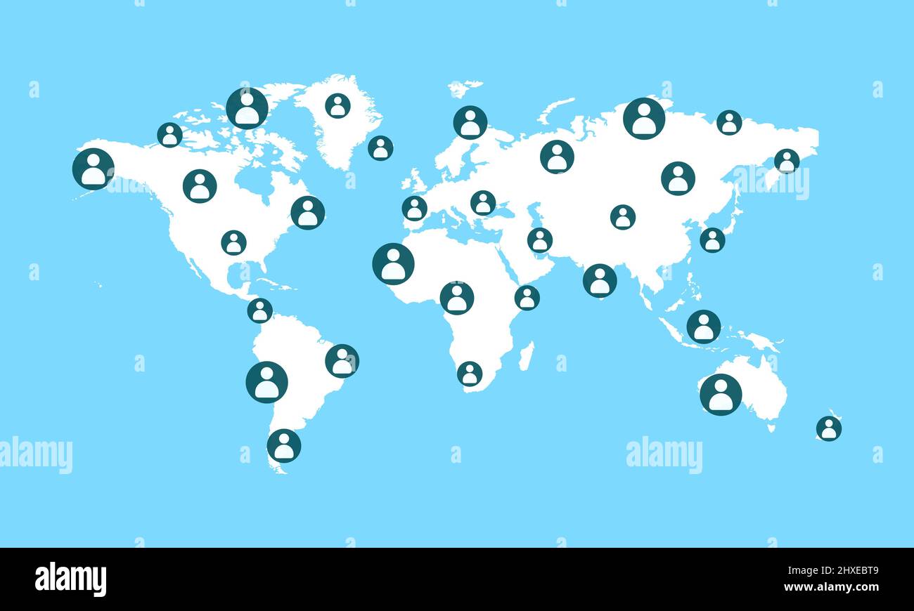 Icona utenti sulla mappa del mondo. Semplice illustrazione di persone in Globe Planet Foto Stock