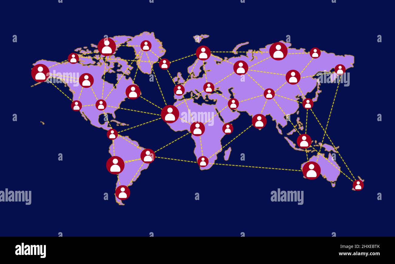 Illustrazione di Connect People Network on World Map. Mappa della terra con collegamenti icone utente, comunicazione e Social Media Networks Concept. Foto Stock