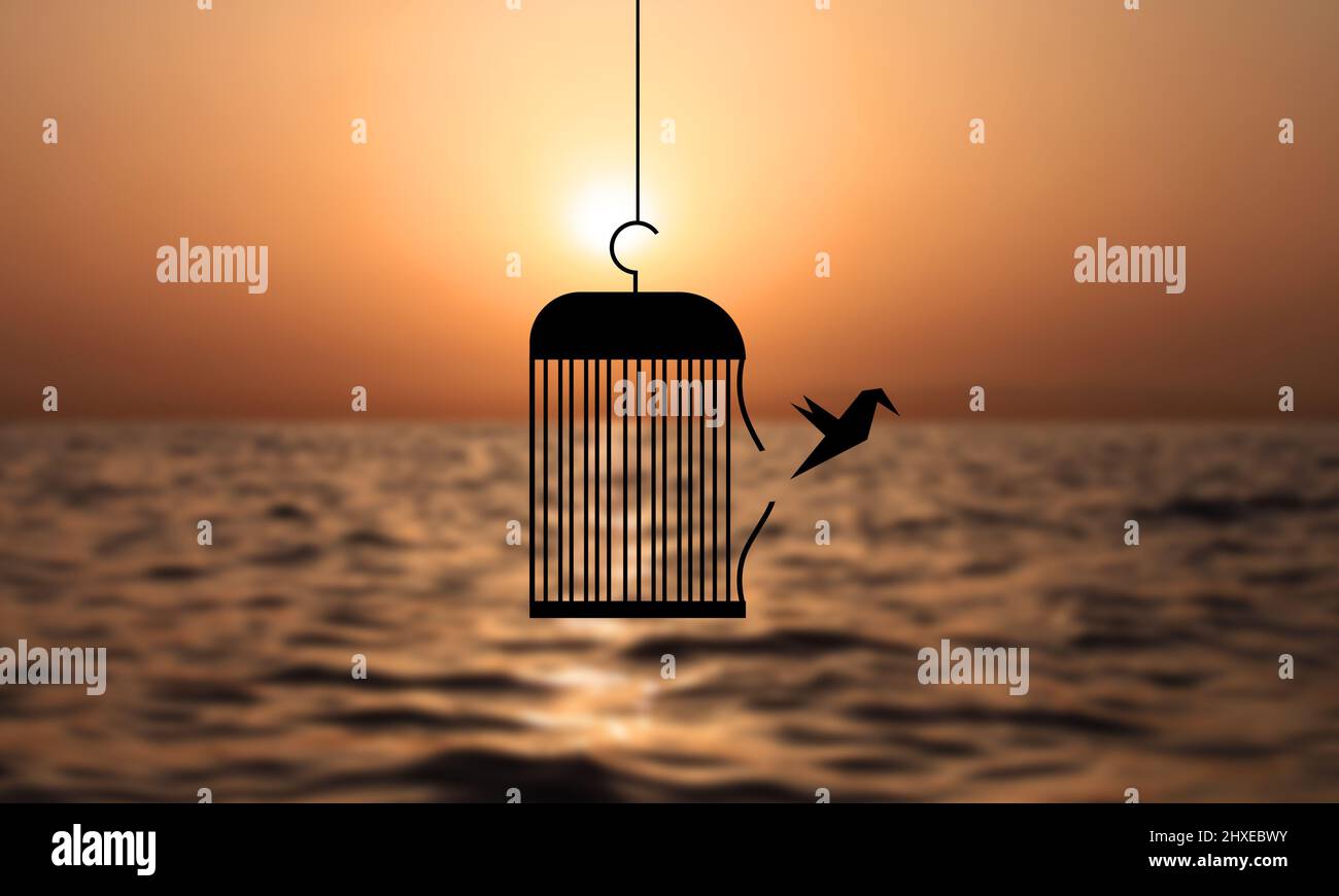 Bird Escape and Fly Away. Birdcage Freedom Sunset Beach sfondo. Foto Stock
