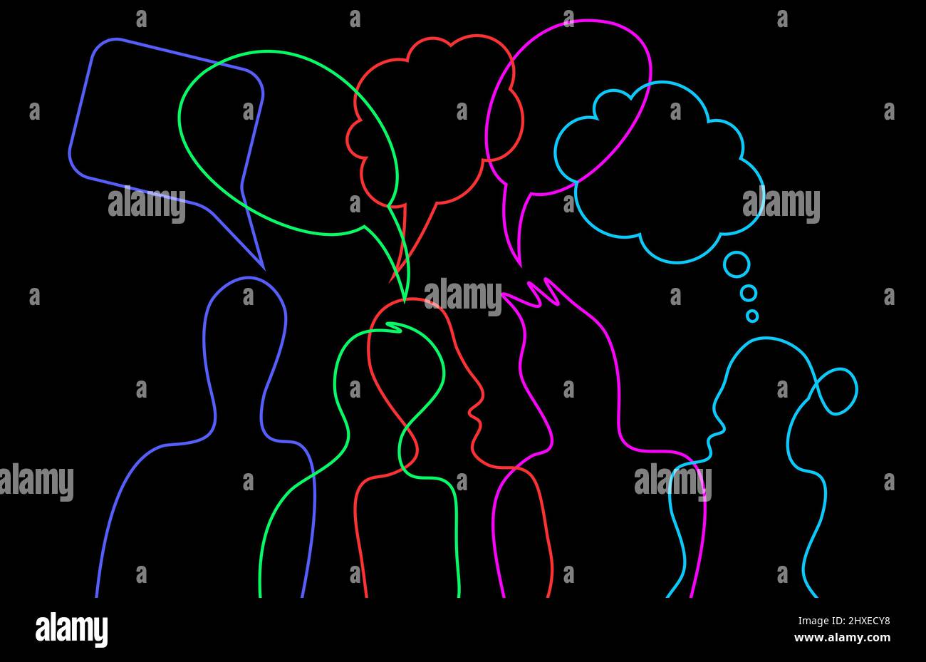 Collegare il concetto People. Contorni di silhouette collegate con bolle vocali. Comunicazione e connessione delle persone Foto Stock