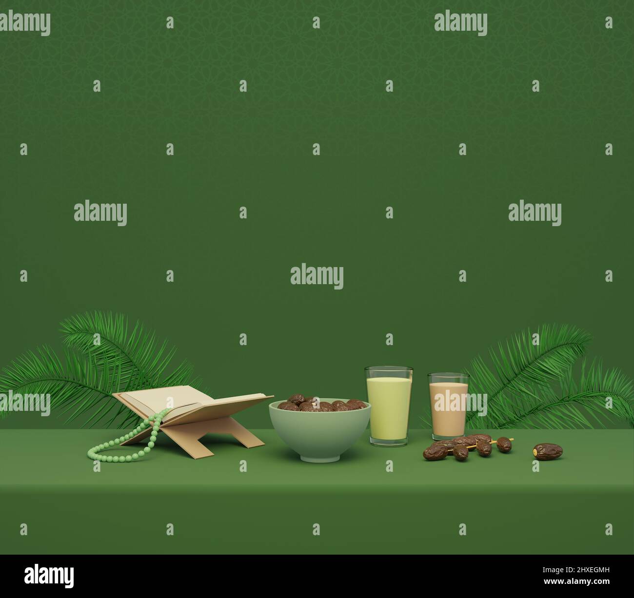 Modello post parte IFTAR. 3D rendering del banner islamico con al-Quran e cibo. Ramadan Mubarak saluti. Foto Stock