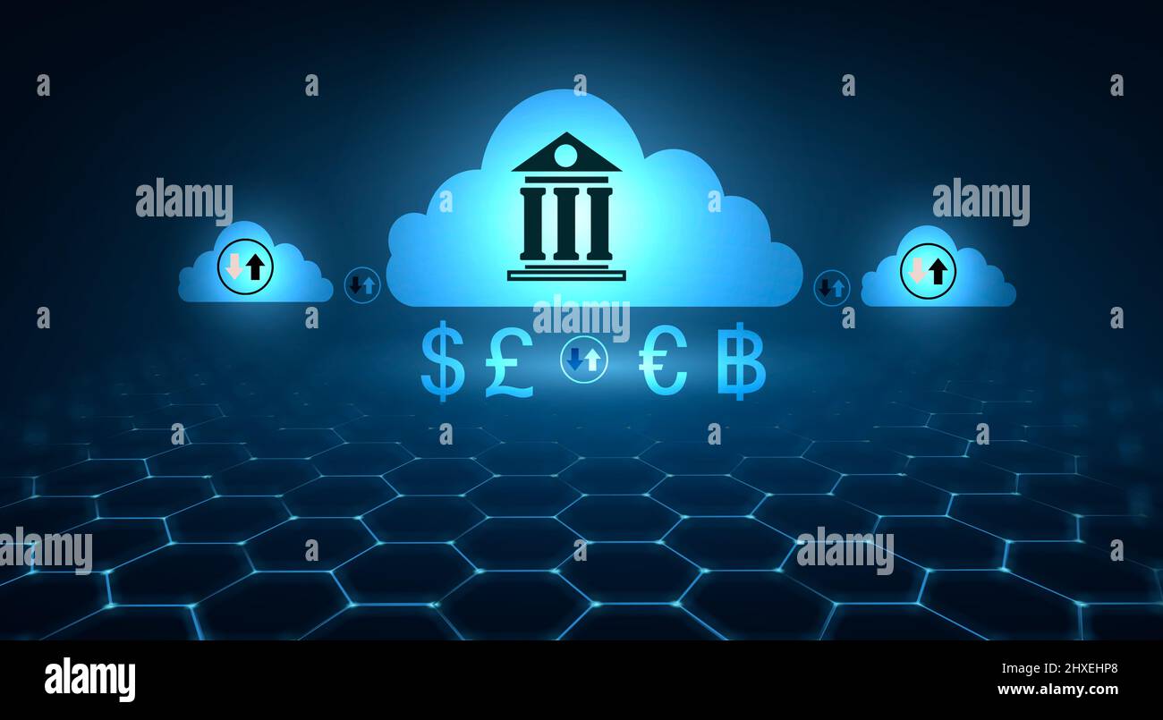 transazione finanziaria online con il simbolo della banca e il concetto cloud Foto Stock