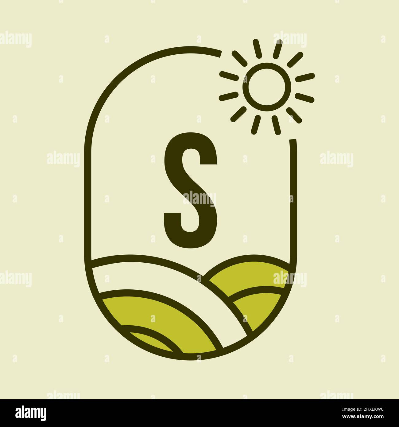 Logo Agriculture su modello emblema lettera S. Farm Letter S Agro Farm, Agribusiness, Eco-Farm Sign con simbolo del Sole e del campo agricolo Illustrazione Vettoriale