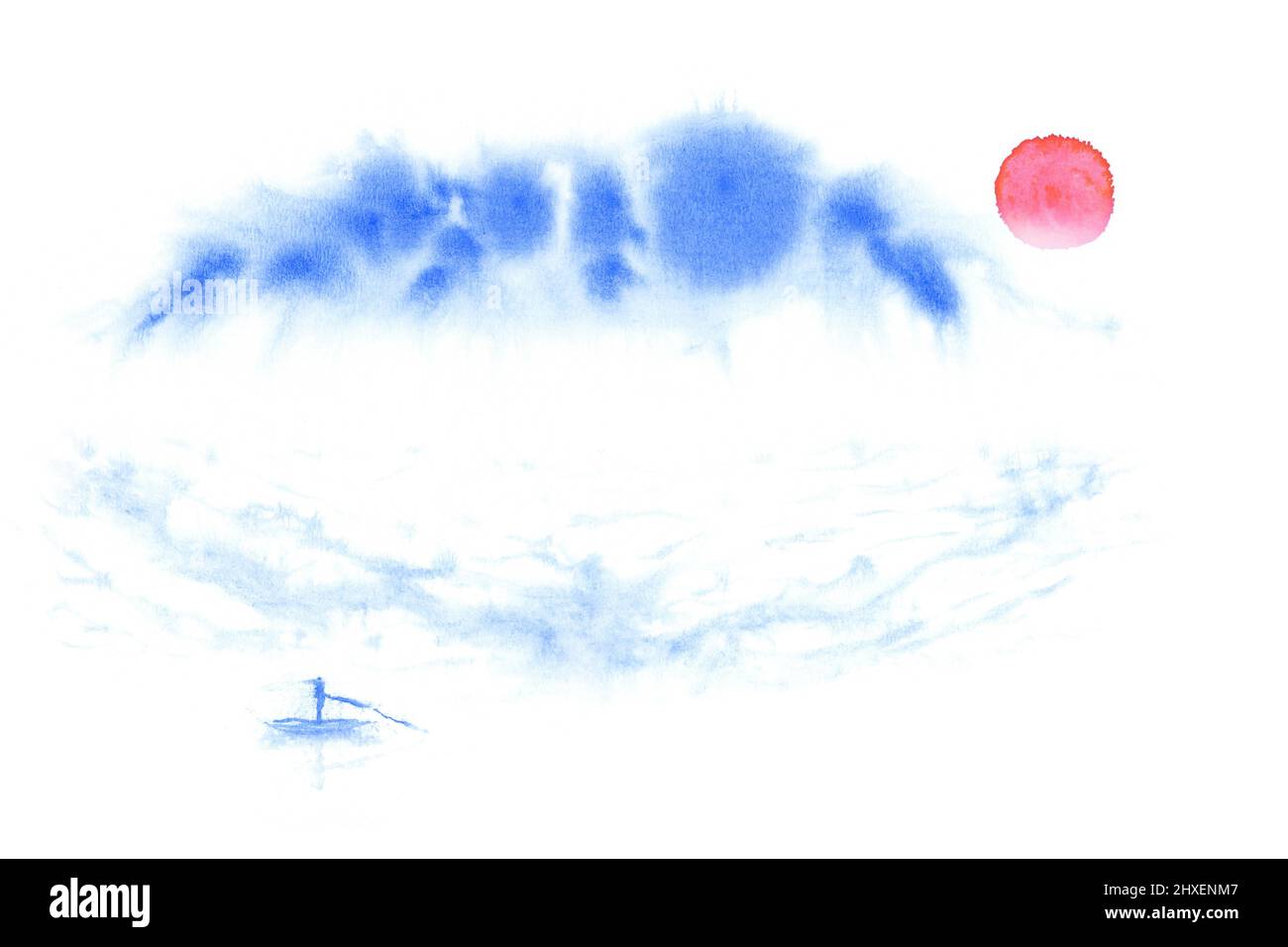 Giapponese sumi blu paesaggio astratto, montagna e lago, grunge sfondo acquerello naturale, inchiostro arte, illustrazione Foto Stock