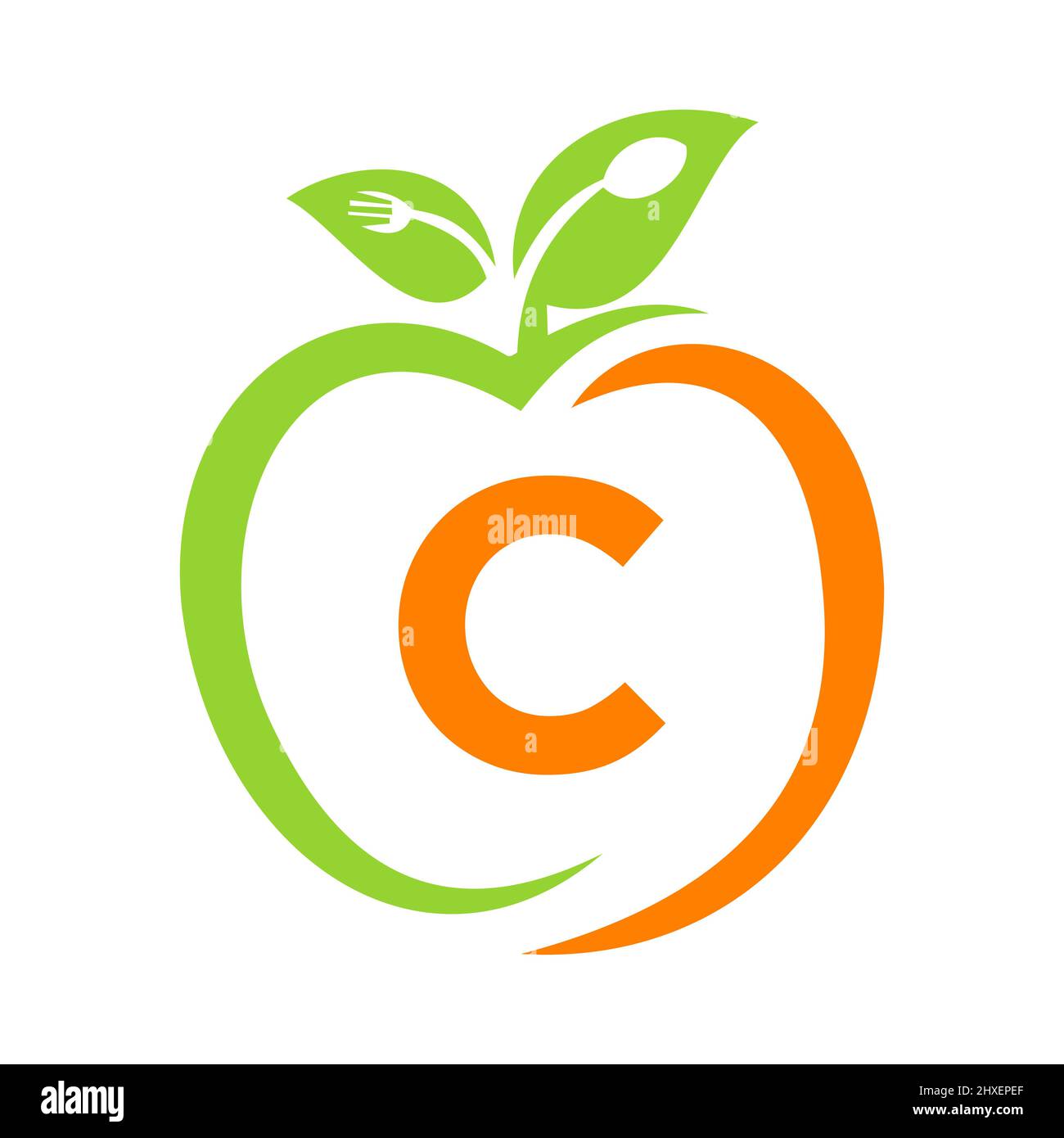Logo di sana alimentazione sulla lettera C, modello vettoriale Apple Health Care. Modello con logo Apple con forcella lettera C, cartello da ristorante Spoon Concept Illustrazione Vettoriale