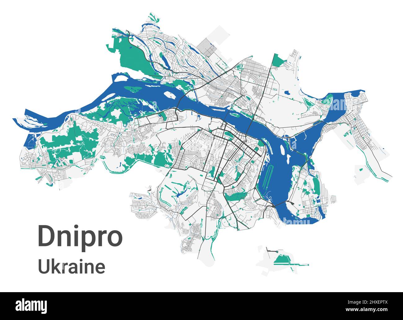 Mappa vettoriale Dnipro. Mappa dettagliata dell'area amministrativa della città di Dnipro. Panorama urbano. Illustrazione vettoriale senza royalty. Mappa stradale con autostrade, Rive Illustrazione Vettoriale