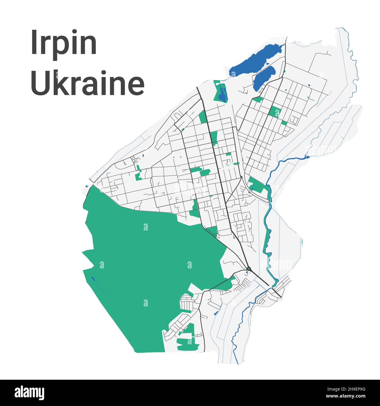 Mappa vettoriale Irpin. Mappa dettagliata dell'area amministrativa della città di Irpin. Panorama urbano. Illustrazione vettoriale senza royalty. Mappa stradale con autostrade, fiumi Illustrazione Vettoriale