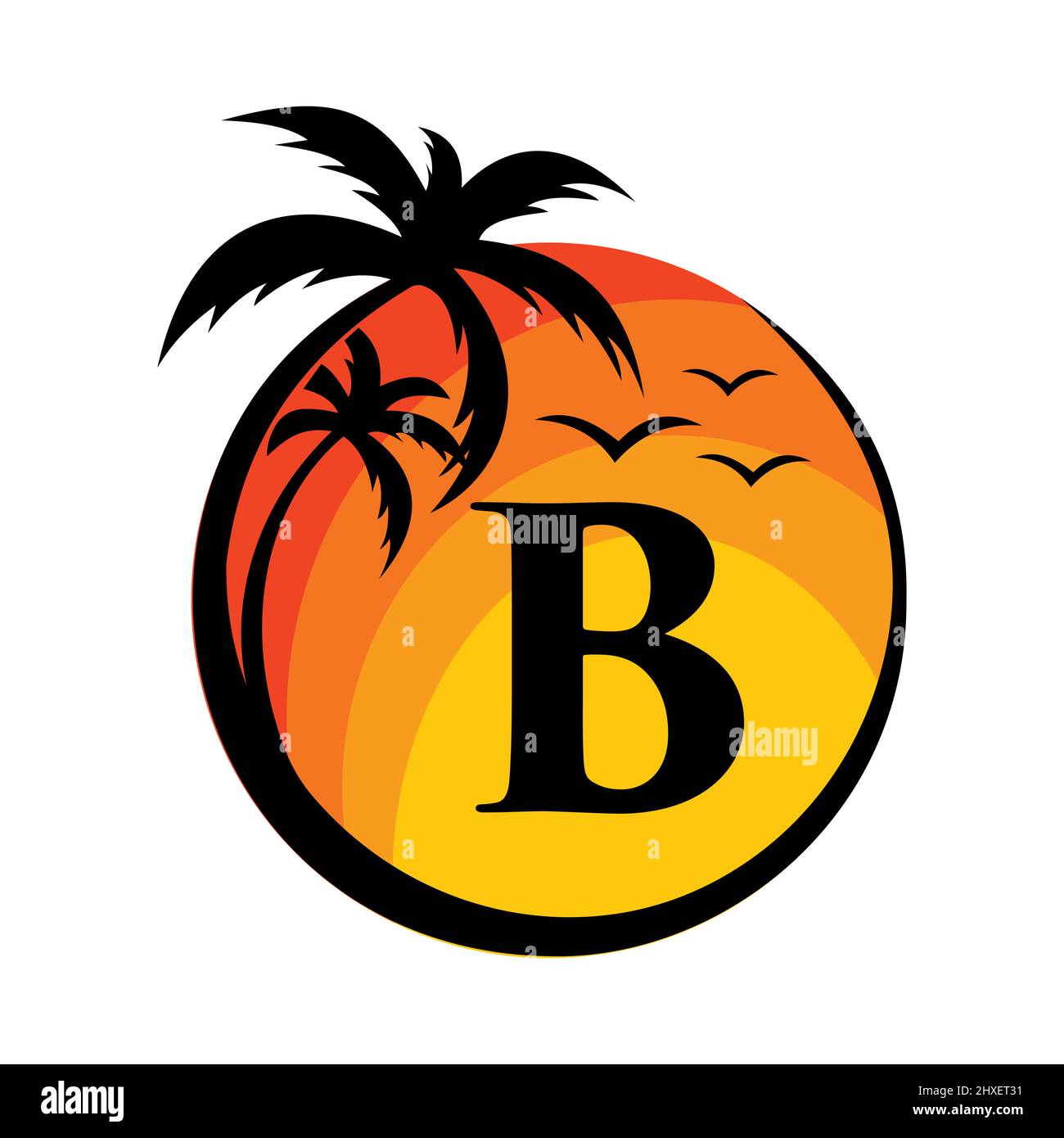 Logo della spiaggia sul cartello vettoriale della lettera B. Vacanza estiva sulla spiaggia tropicale con logo B. Sunset Summer Travel Logo Beach, Sea, Sunset Logo Design Illustrazione Vettoriale