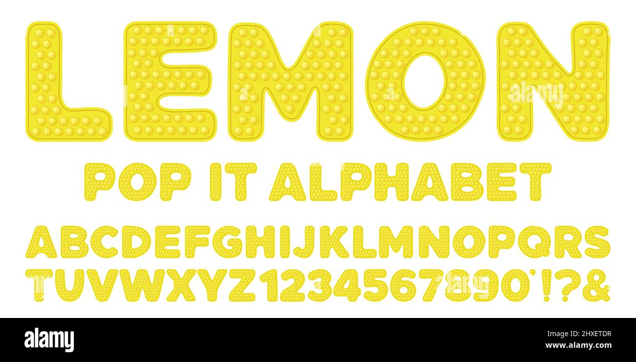 Alfabeto popit giallo limone e numeri in stile giocattolo Fidget. Pop it carattere design come un giocattolo in silicone alla moda per fedget in colori brillanti. Sensore di bolla Illustrazione Vettoriale