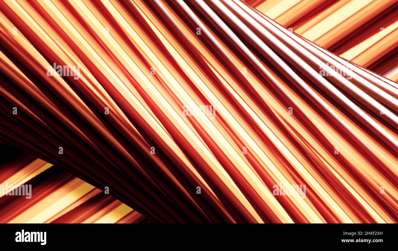 Provetta da 3D arancione e rossa con filatura coperta da linee incandescenti attorcigliate, anello senza cuciture. Movimento. Strisce colorate diagonali che scorrono lentamente dietro la rotazione grande Foto Stock