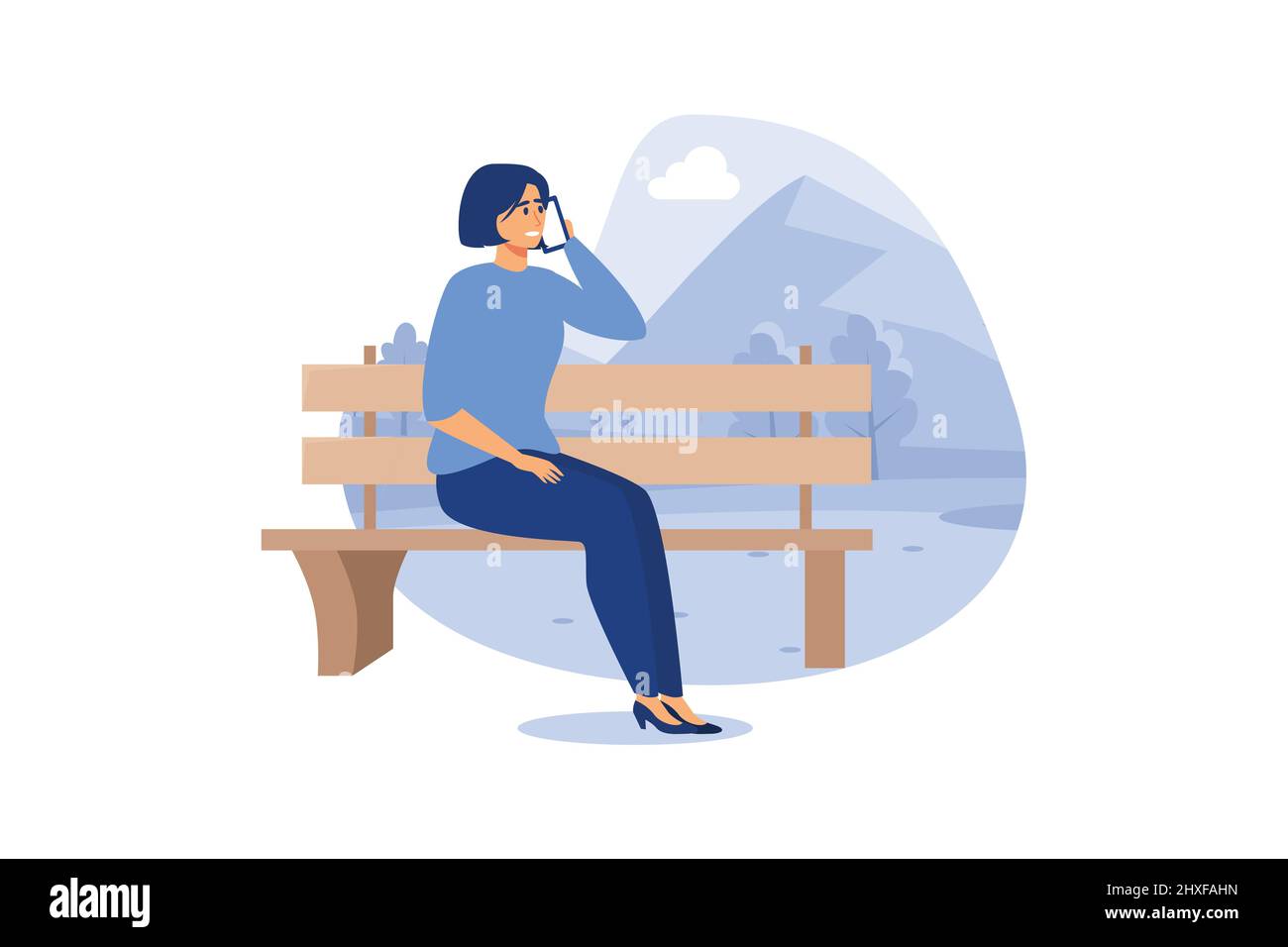 Donna che usa il telefono seduto sul banco in paprk. Freelance o studiando concetto. Formazione in linea. Illustrazione vettoriale in stile piatto Illustrazione Vettoriale