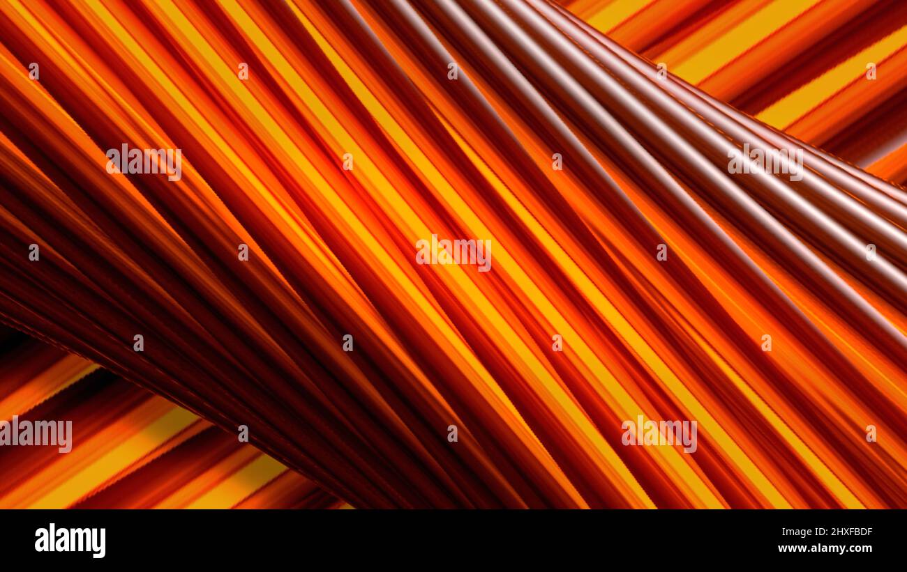 Provetta da 3D arancione e rossa con filatura coperta da linee incandescenti attorcigliate, anello senza cuciture. Movimento. Strisce colorate diagonali che scorrono lentamente dietro la rotazione grande Foto Stock