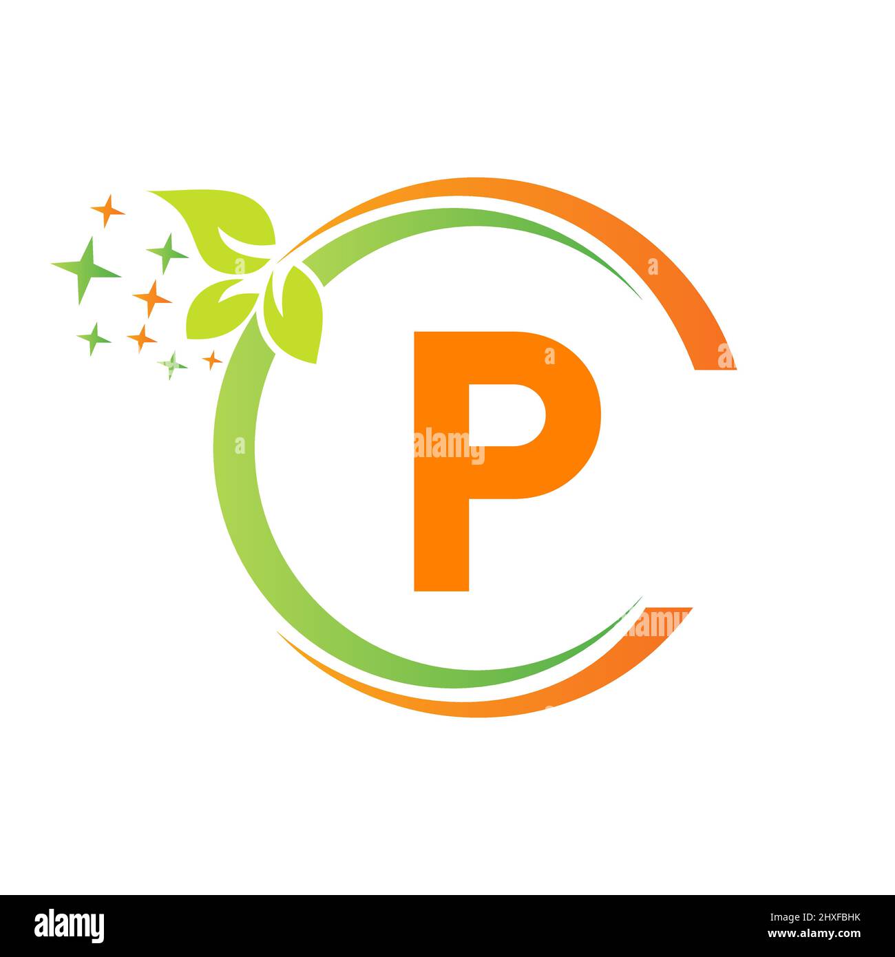 Logo per la pulizia della casa su P Letter Design. Aspirapolvere modello con logo Letter P Cleaning Service House, secchiello, logo pulizia molla Illustrazione Vettoriale