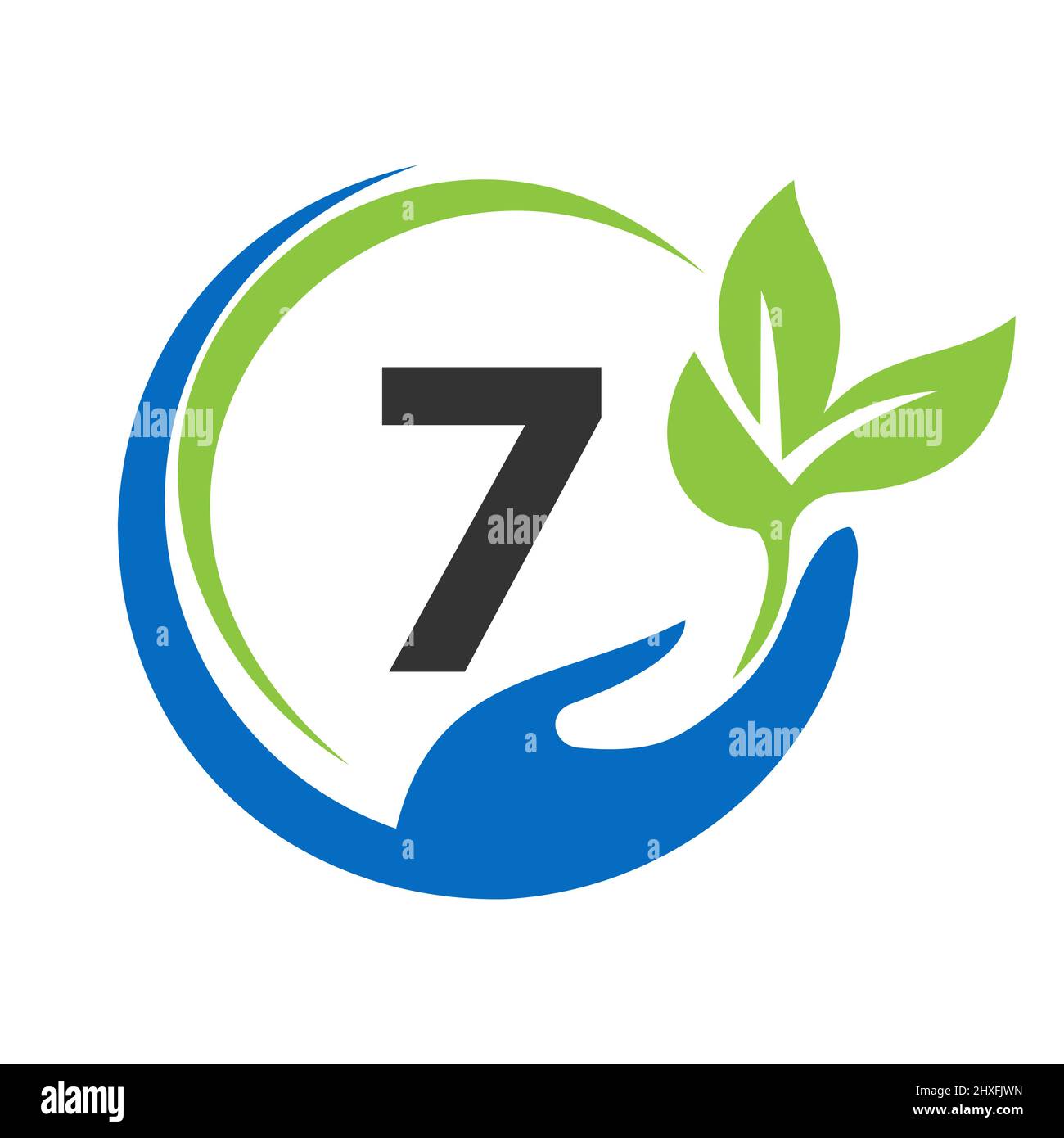 Consegnare il logo Letter 7. 7 Assistenza sanitaria, Fondazione con simbolo della mano Illustrazione Vettoriale