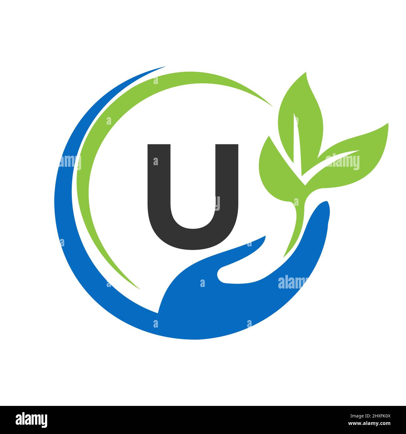 Consegna del logo lettera U. U Assistenza sanitaria, Fondazione con simbolo della mano Illustrazione Vettoriale