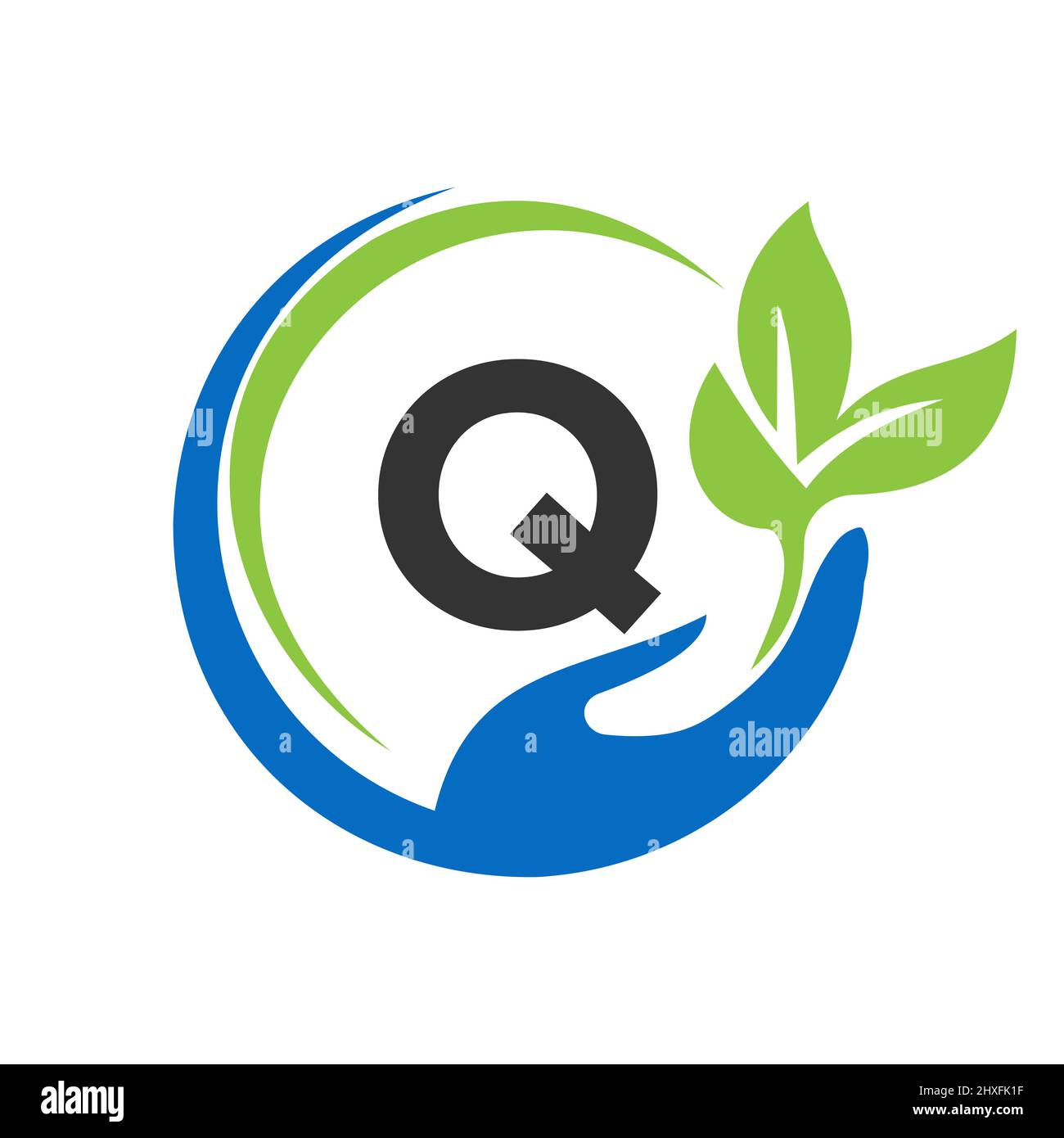Consegna lettera Q Logo Design. Q Assistenza sanitaria, Fondazione con simbolo della mano Illustrazione Vettoriale