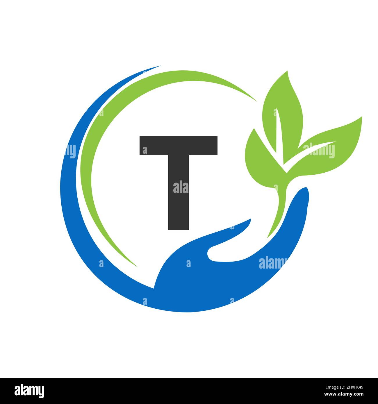 Consegna del logo lettera T. T Healthcare Care, Fondazione con simbolo della mano Illustrazione Vettoriale