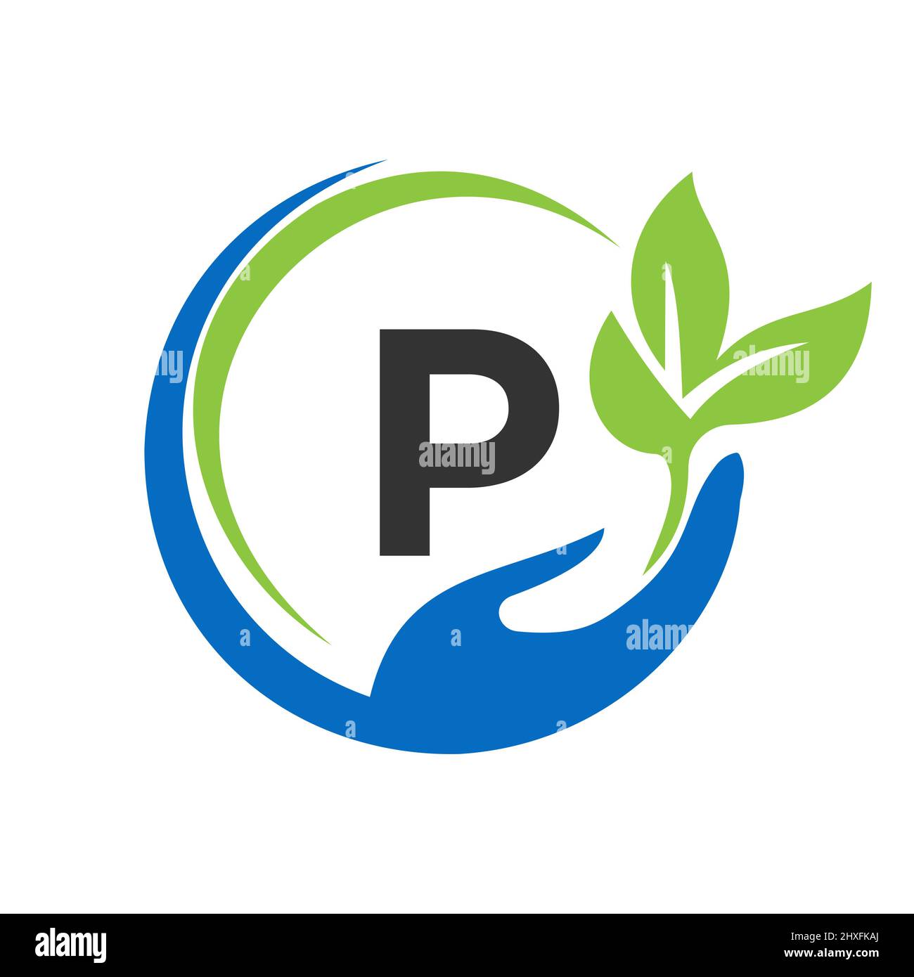 Consegna del logo lettera P. P Healthcare Care, Fondazione con simbolo della mano Illustrazione Vettoriale