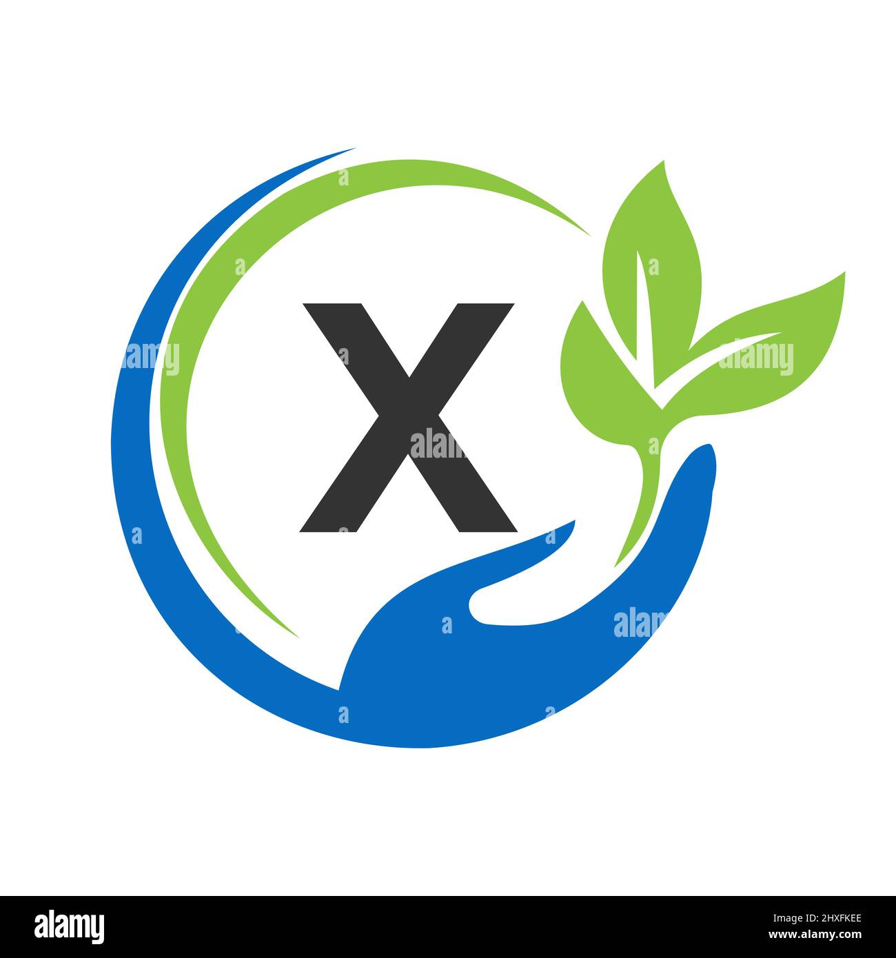 Consegnare il logo Letter X. X Healthcare Care, Fondazione con simbolo della mano Illustrazione Vettoriale