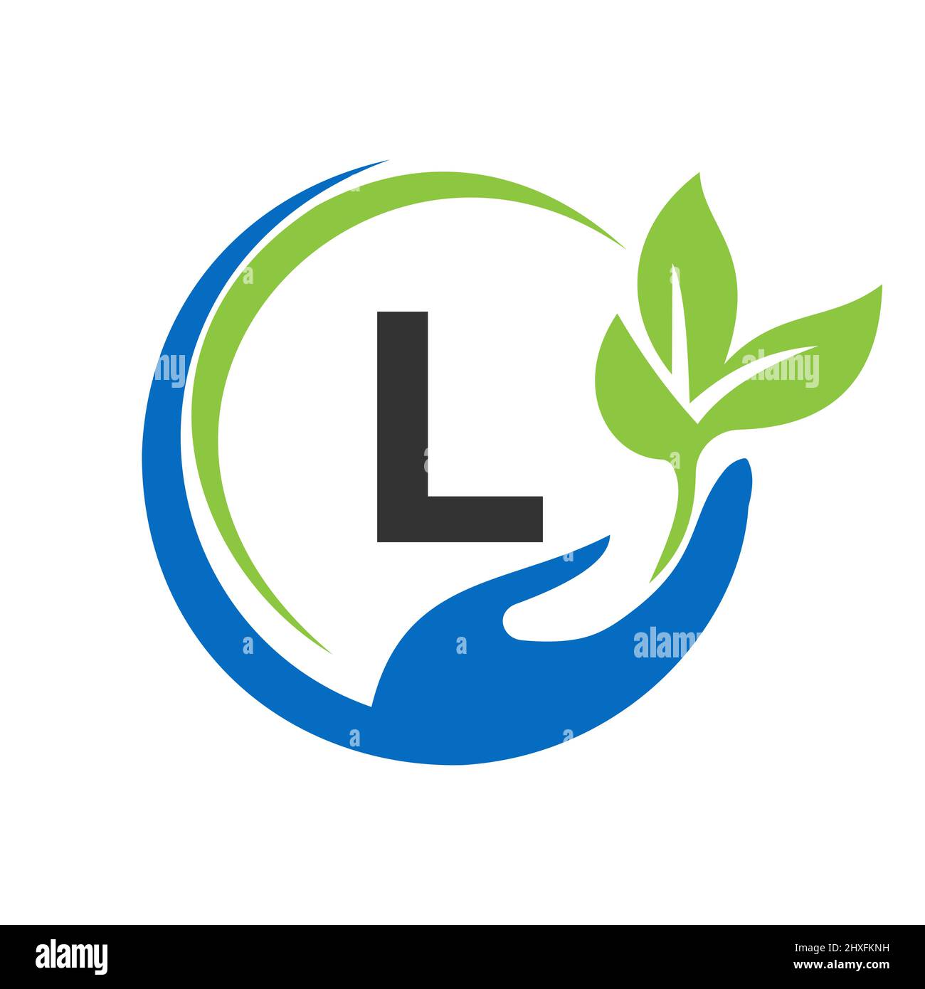 Consegna del logo lettera L. L Healthcare Care, Fondazione con simbolo della mano Illustrazione Vettoriale
