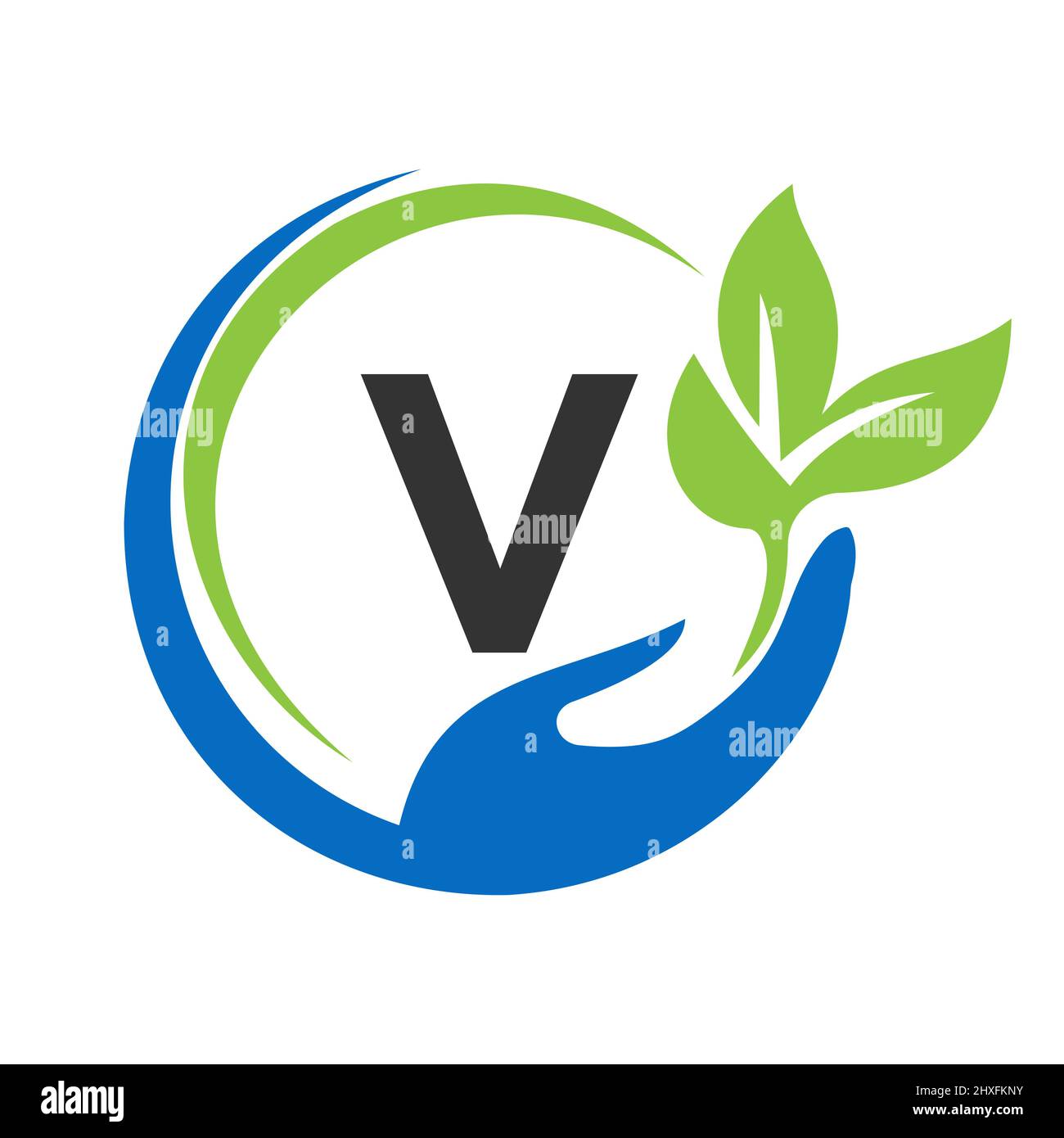 Consegna del logo Letter V. V Assistenza sanitaria, Fondazione con simbolo della mano Illustrazione Vettoriale