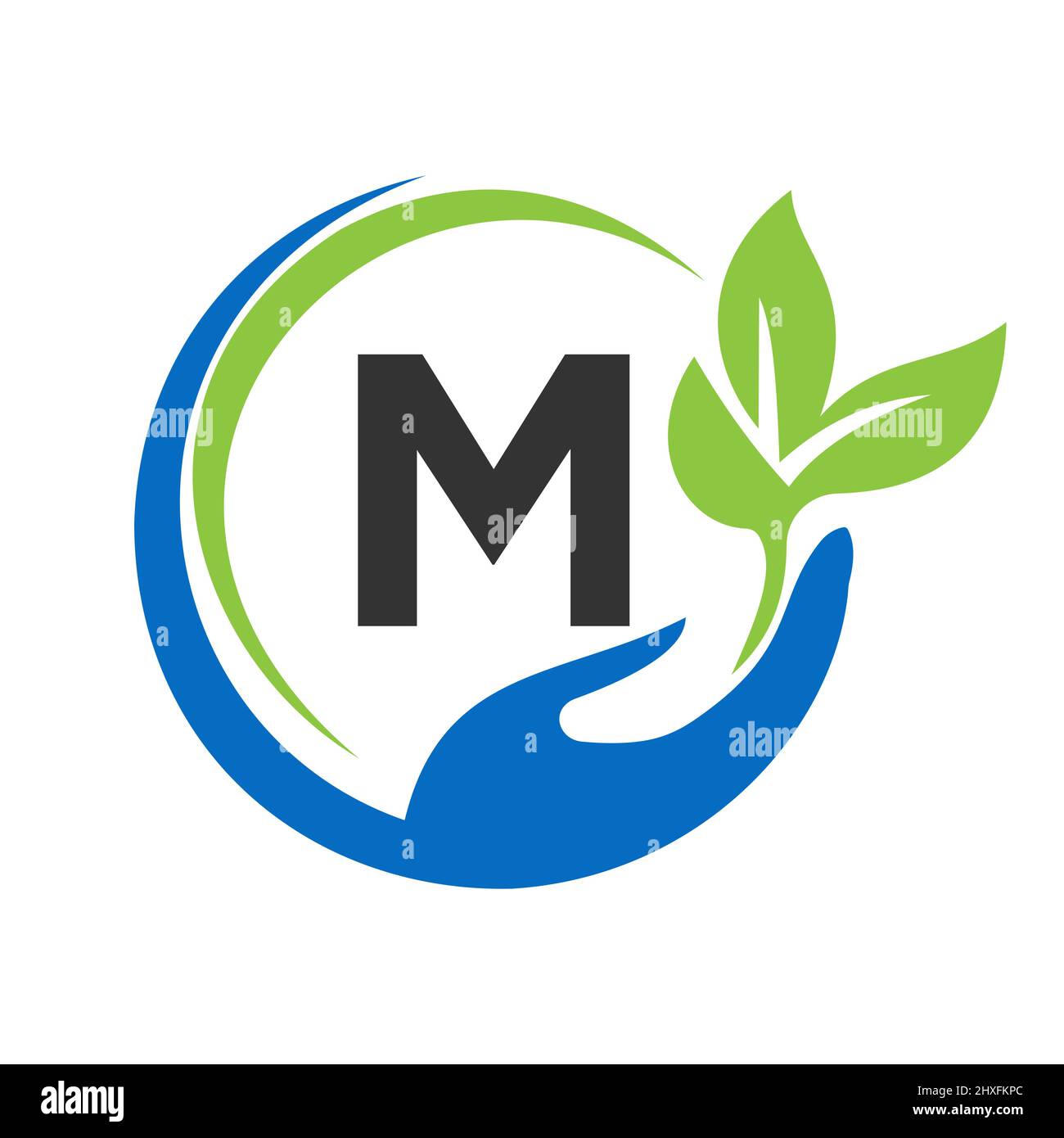 Consegna del logo lettera M. M Healthcare Care, Fondazione con simbolo della mano Illustrazione Vettoriale