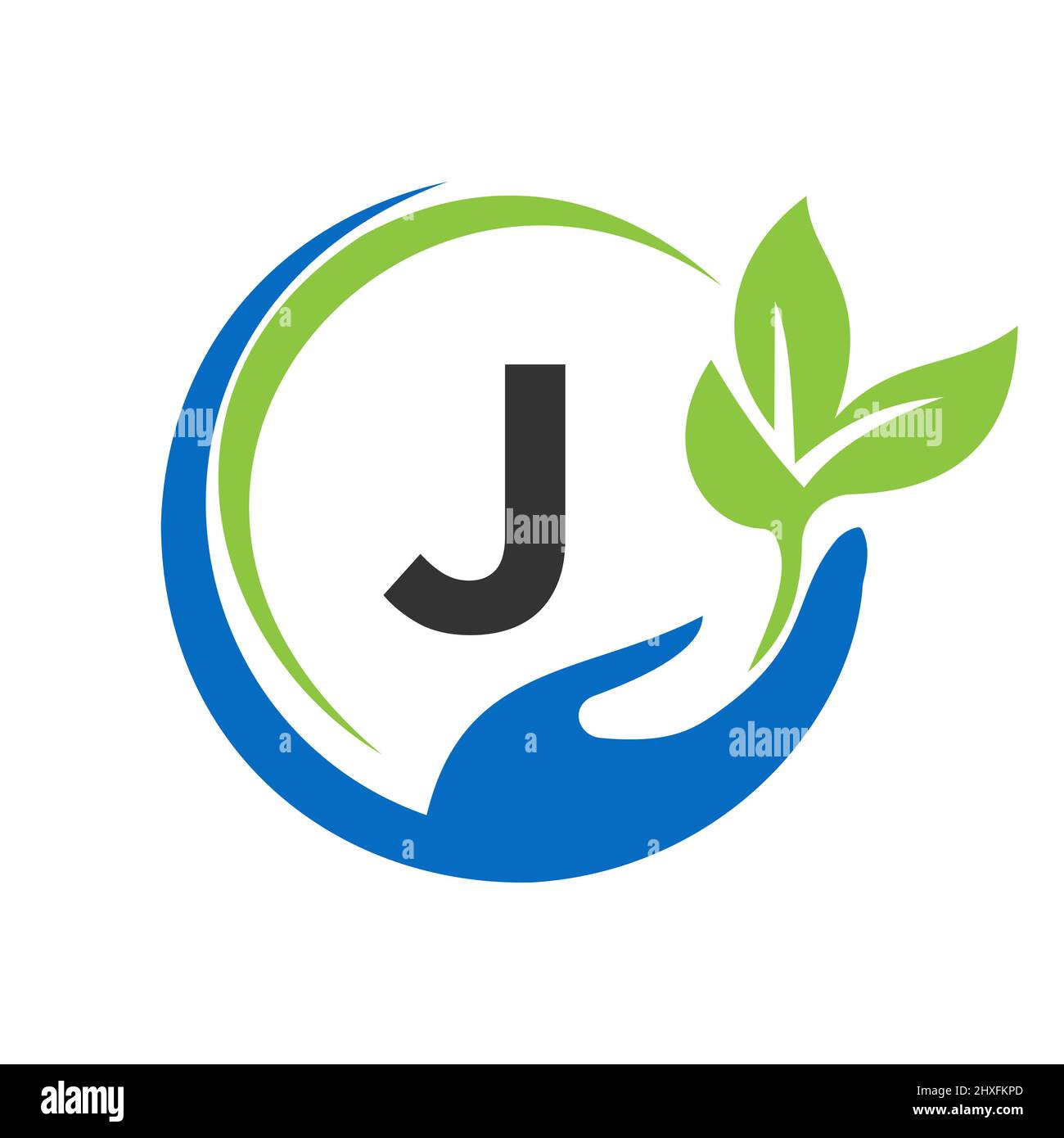 Consegna del logo lettera J. J Healthcare Care, Fondazione con simbolo della mano Illustrazione Vettoriale