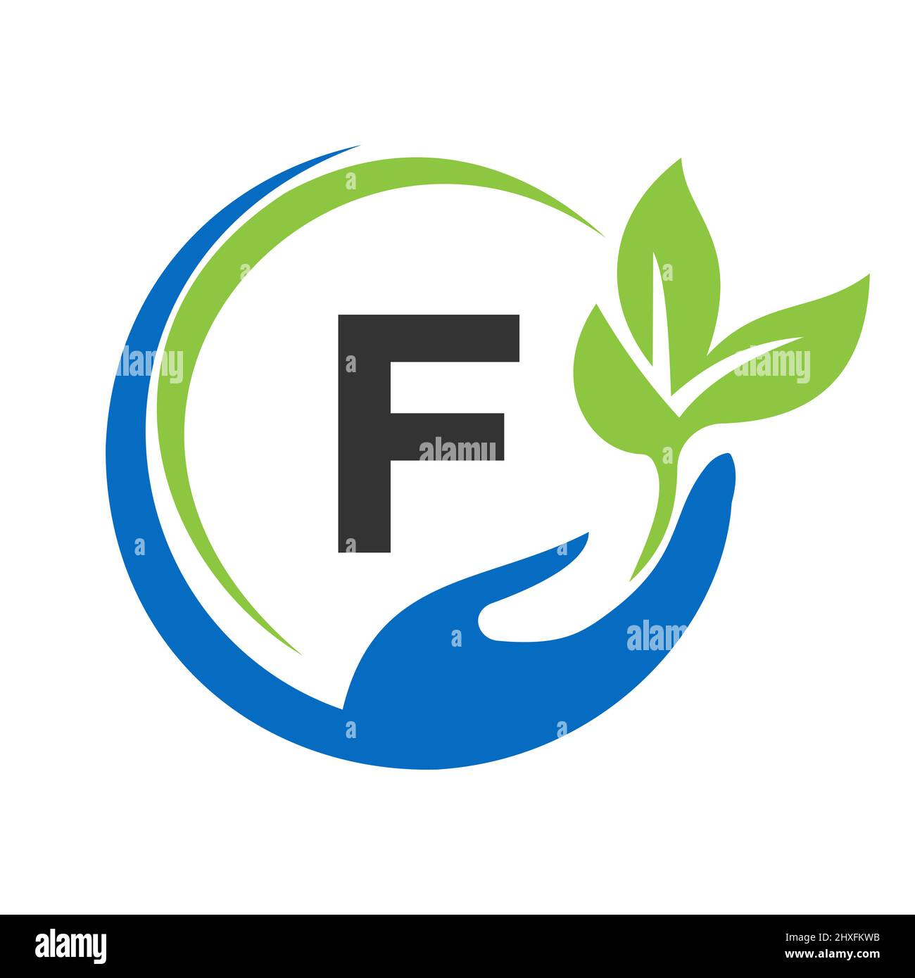 Consegna del logo lettera F. F Healthcare Care, Fondazione con simbolo della mano Illustrazione Vettoriale