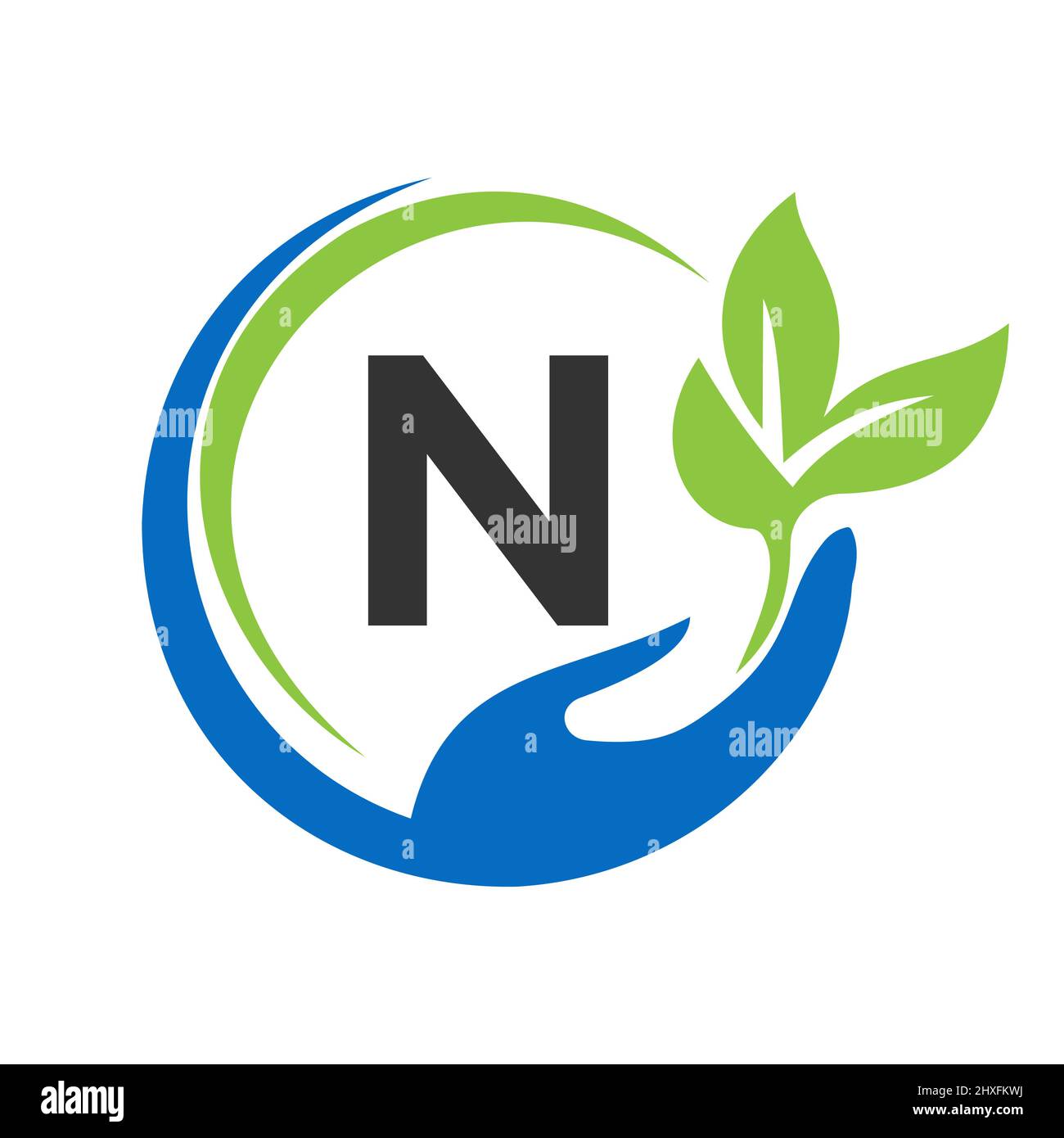 Consegnare il logo Letter N. N Assistenza sanitaria, Fondazione con simbolo della mano Illustrazione Vettoriale