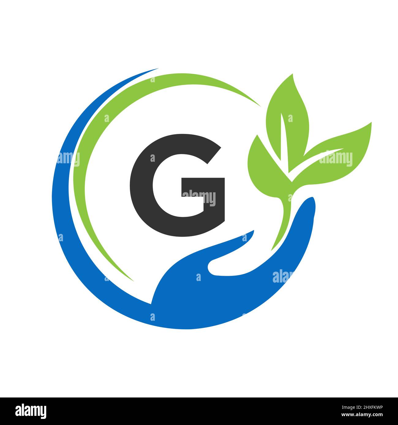 Consegna del logo lettera G. G Healthcare Care, Fondazione con simbolo della mano Illustrazione Vettoriale