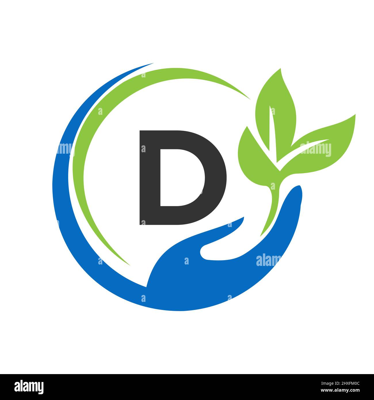 Consegna del logo lettera D. D Healthcare Care, Fondazione con simbolo della mano Illustrazione Vettoriale