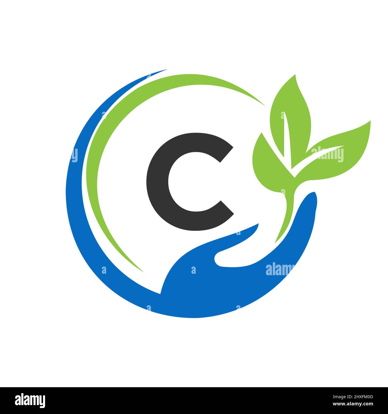 Consegna del logo lettera C. C Assistenza sanitaria, Fondazione con simbolo della mano Illustrazione Vettoriale