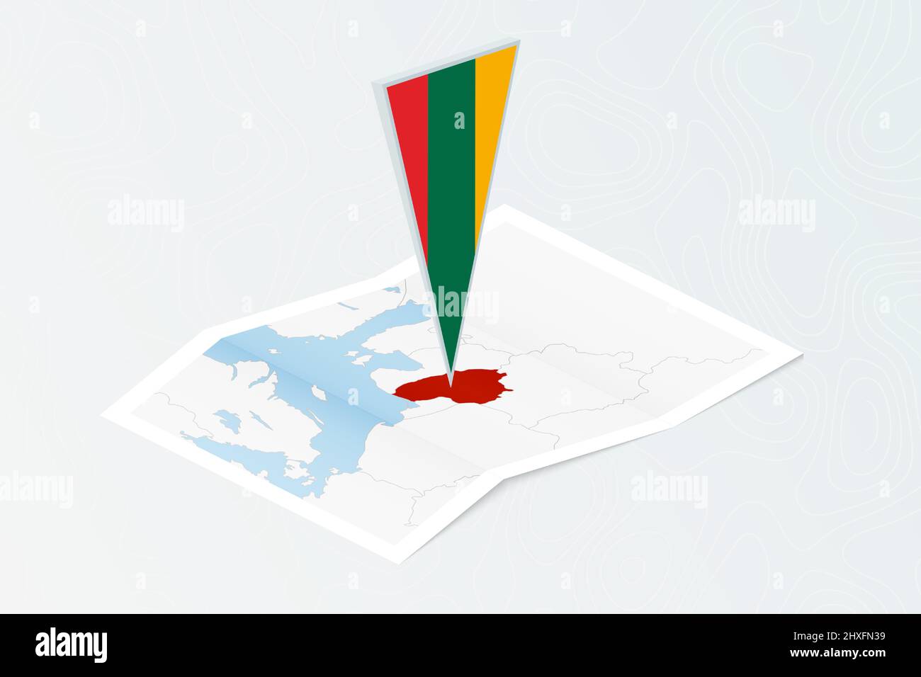 Carta isometrica della Lituania con bandiera triangolare della Lituania in stile isometrico. Mappa su sfondo topografico. Illustrazione vettoriale. Illustrazione Vettoriale