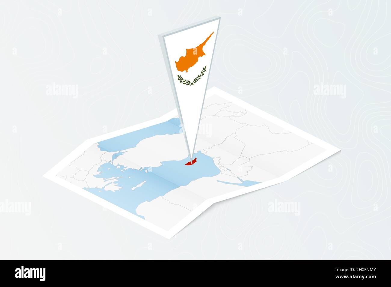 Carta isometrica di Cipro con bandiera triangolare di Cipro in stile isometrico. Mappa su sfondo topografico. Illustrazione vettoriale. Illustrazione Vettoriale