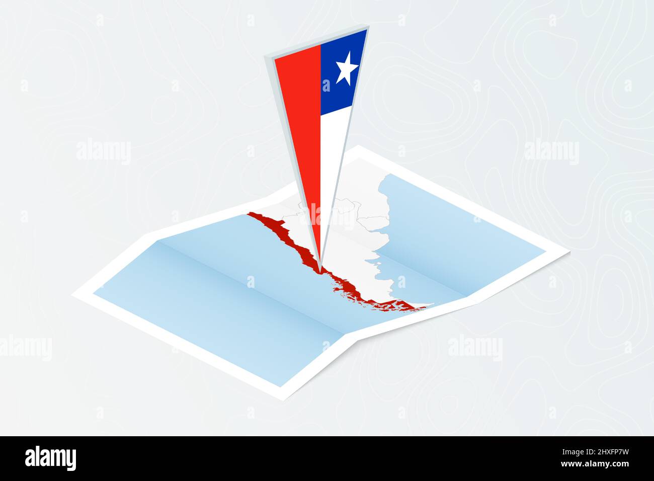 Carta isometrica del Cile con bandiera triangolare del Cile in stile isometrico. Mappa su sfondo topografico. Illustrazione vettoriale. Illustrazione Vettoriale