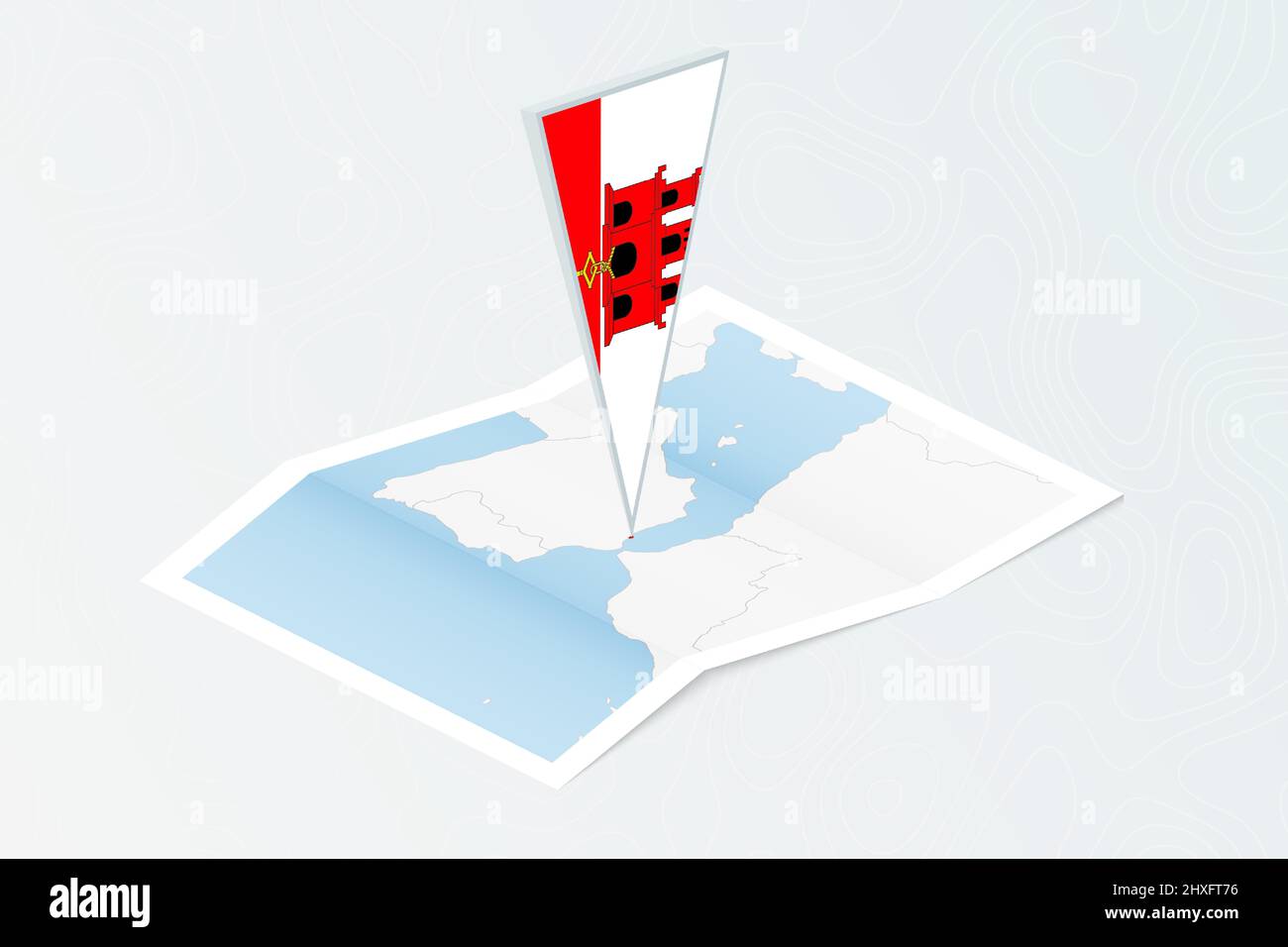 Carta isometrica di Gibilterra con bandiera triangolare di Gibilterra in stile isometrico. Mappa su sfondo topografico. Illustrazione vettoriale. Illustrazione Vettoriale