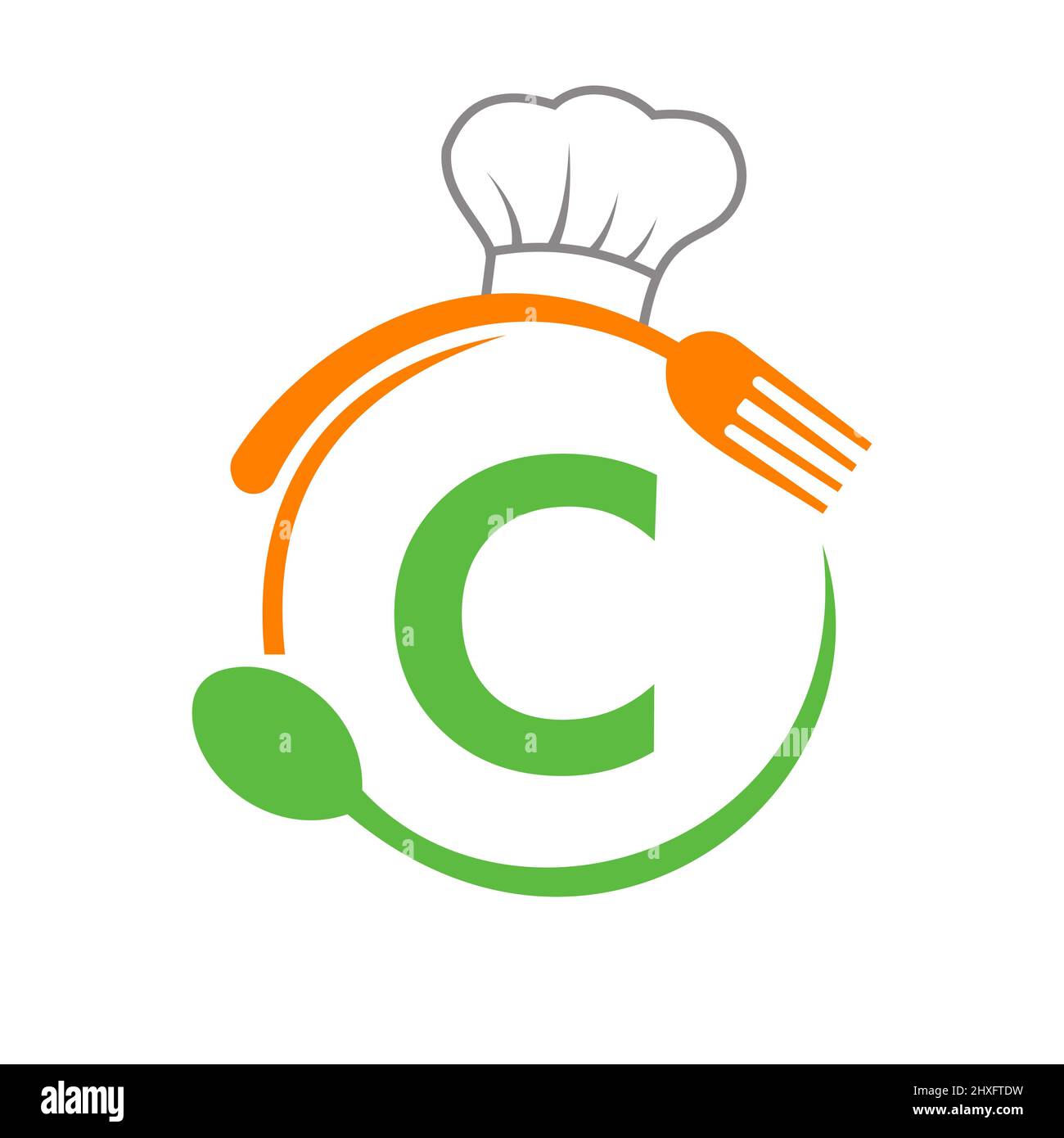 Logo lettera C con cappello Chef, cucchiaio e forchetta per il logo del ristorante. Logo del ristorante sul concetto di spone e forchetta lettera C. Illustrazione Vettoriale