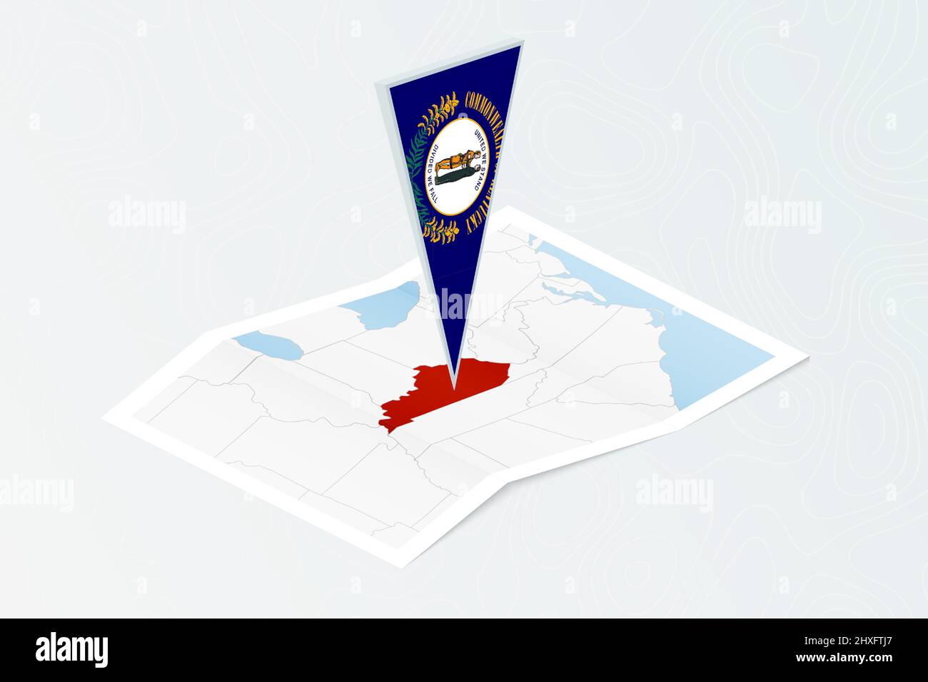 Mappa cartacea isometrica del Kentucky con bandiera triangolare del Kentucky in stile isometrico. Mappa su sfondo topografico. Illustrazione vettoriale. Illustrazione Vettoriale
