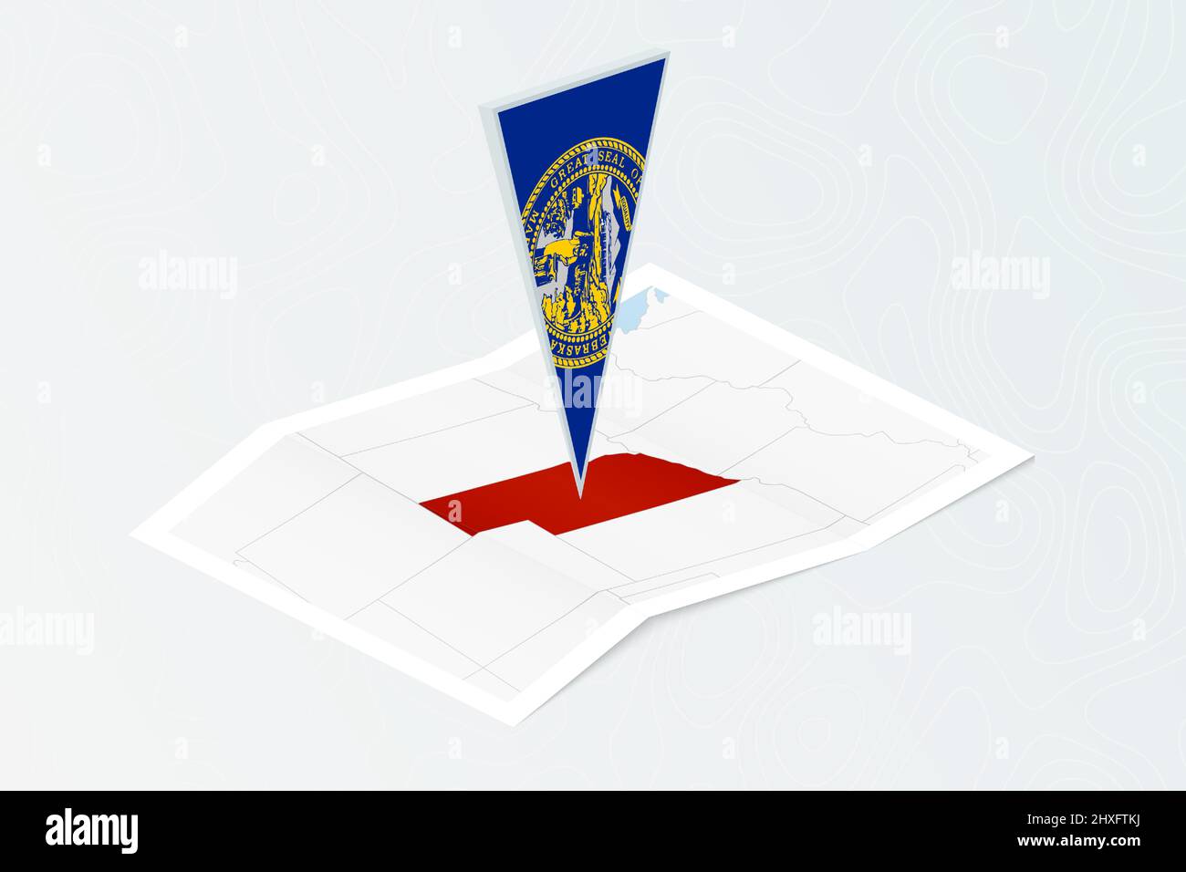 Carta isometrica del Nebraska con bandiera triangolare del Nebraska in stile isometrico. Mappa su sfondo topografico. Illustrazione vettoriale. Illustrazione Vettoriale