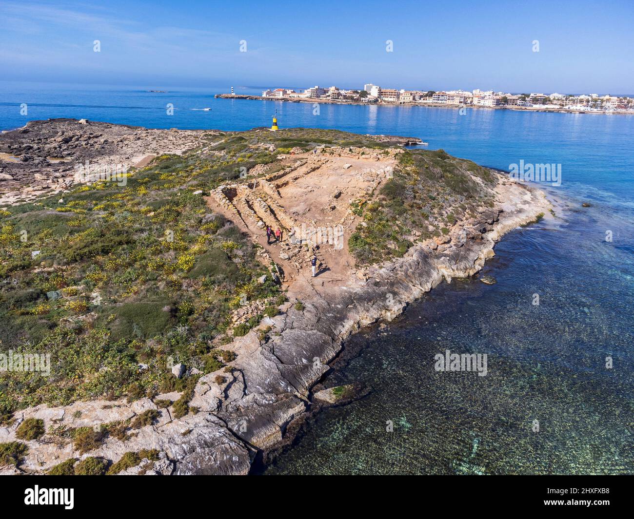 Isola di na Guardis, insediamento Fenicial, 4th secolo prima di Cristo, Ses Salines, Mallorca, Isole Baleari, Spagna. Foto Stock