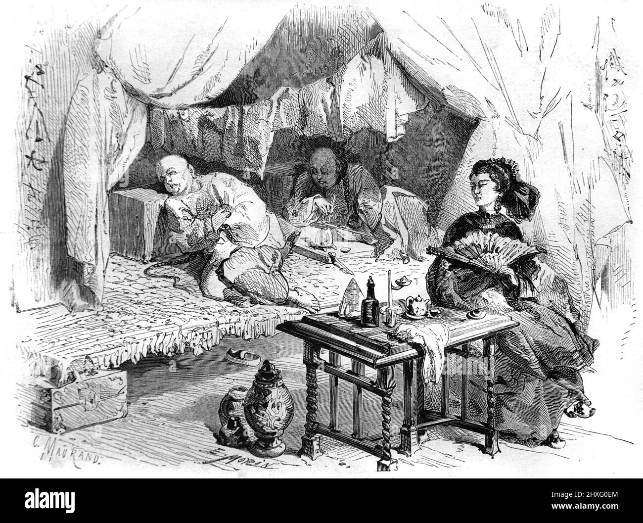 Opium fumatori, Opium fumatori, Opium dipendenti o tossicodipendenti Reclining on Day Beds Cina. Illustrazione o incisione vintage 1860. Foto Stock