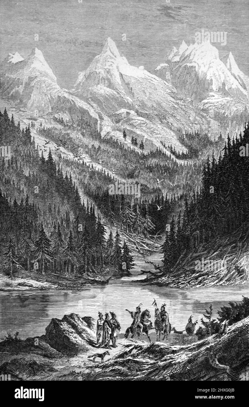 Canadian Rocky Mountains, o Alberta's Rockies, e Lac des Arcs, Alberta Canada.Vintage Illustration o Engraving 1860. Foto Stock
