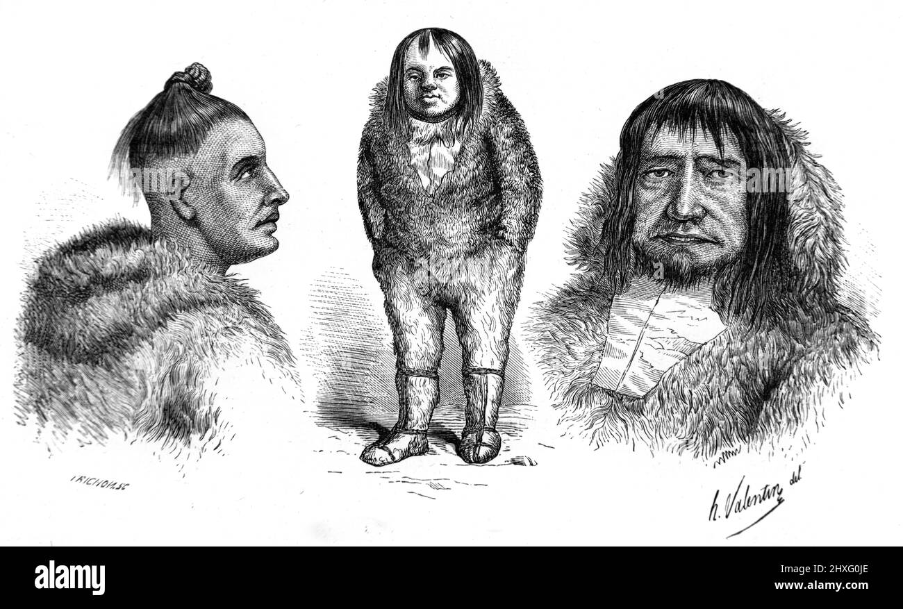 Ritratti o studi di carattere di Eskimo Men, Inuits o Inuits Man. Illustrazione o incisione vintage 1860. Foto Stock