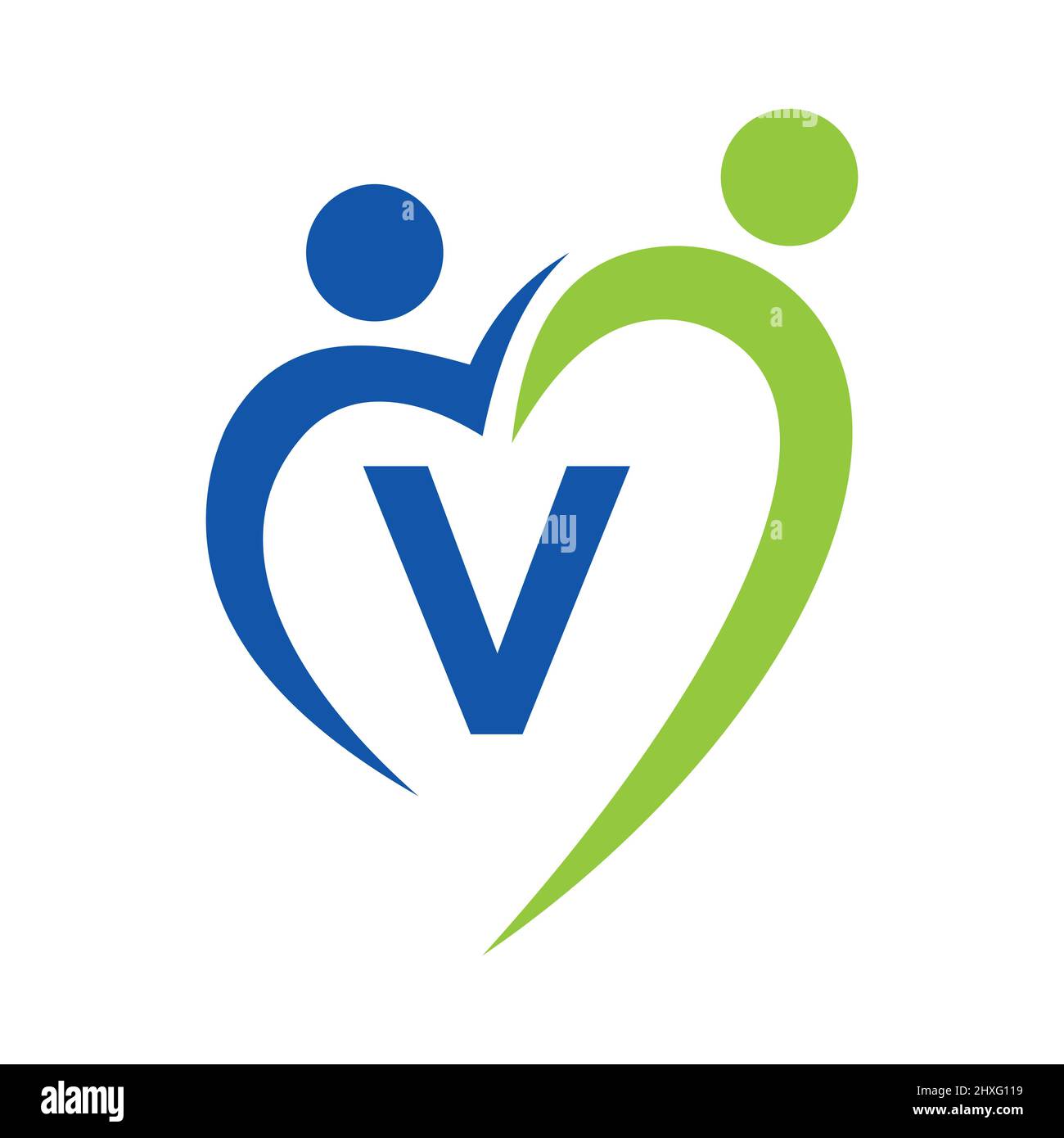Logo Community Care su modello vettoriale lettera V. Lavoro di squadra, cuore, persone, cura della famiglia, Logo di Amore. Fondazione di beneficenza Creative Charity Donation Sign Illustrazione Vettoriale