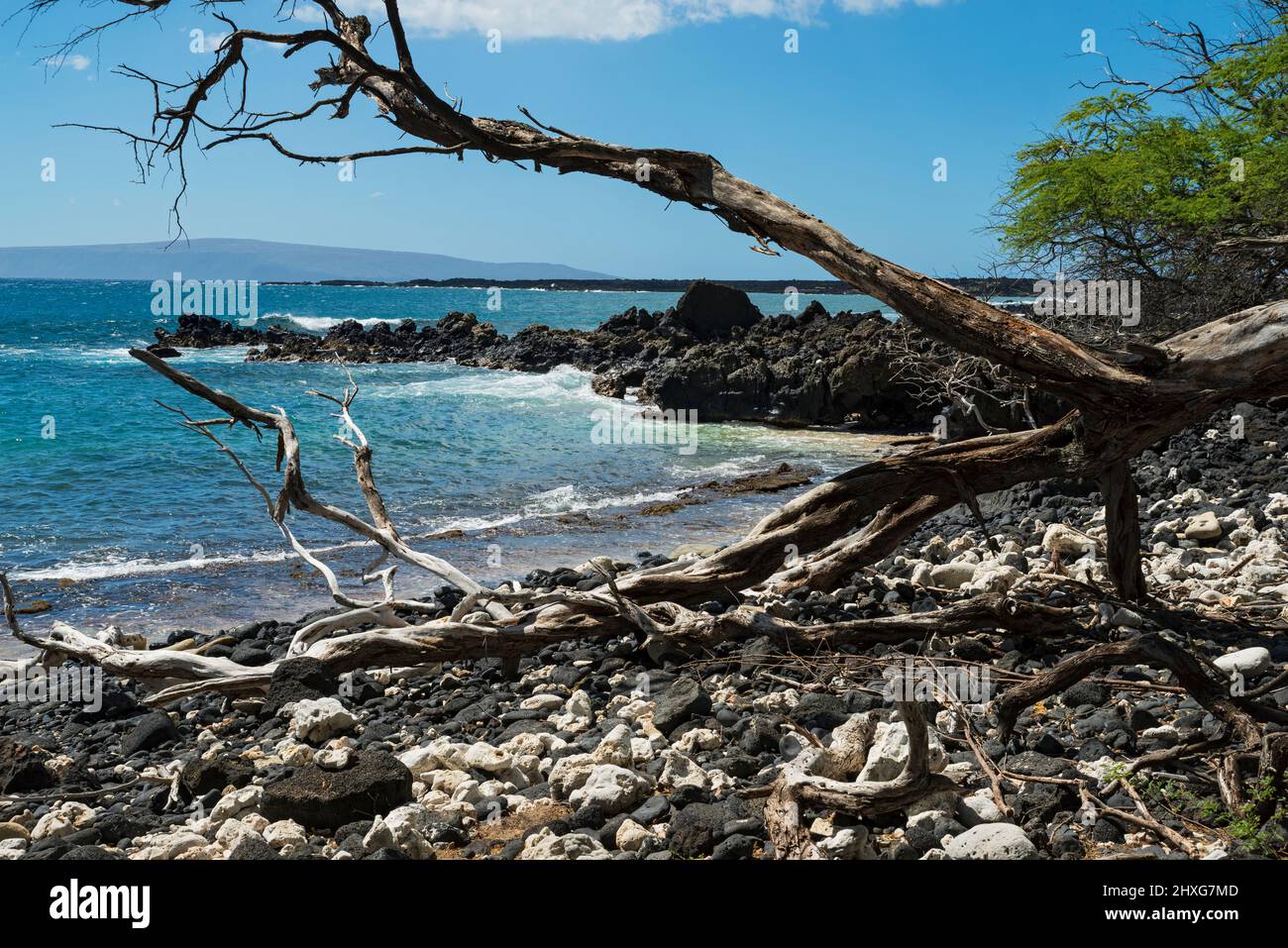 costa rocciosa e affioramento di lava nella baia di la perouse con l'isola di kaho'olawe all'orizzonte nel sud di maui Foto Stock