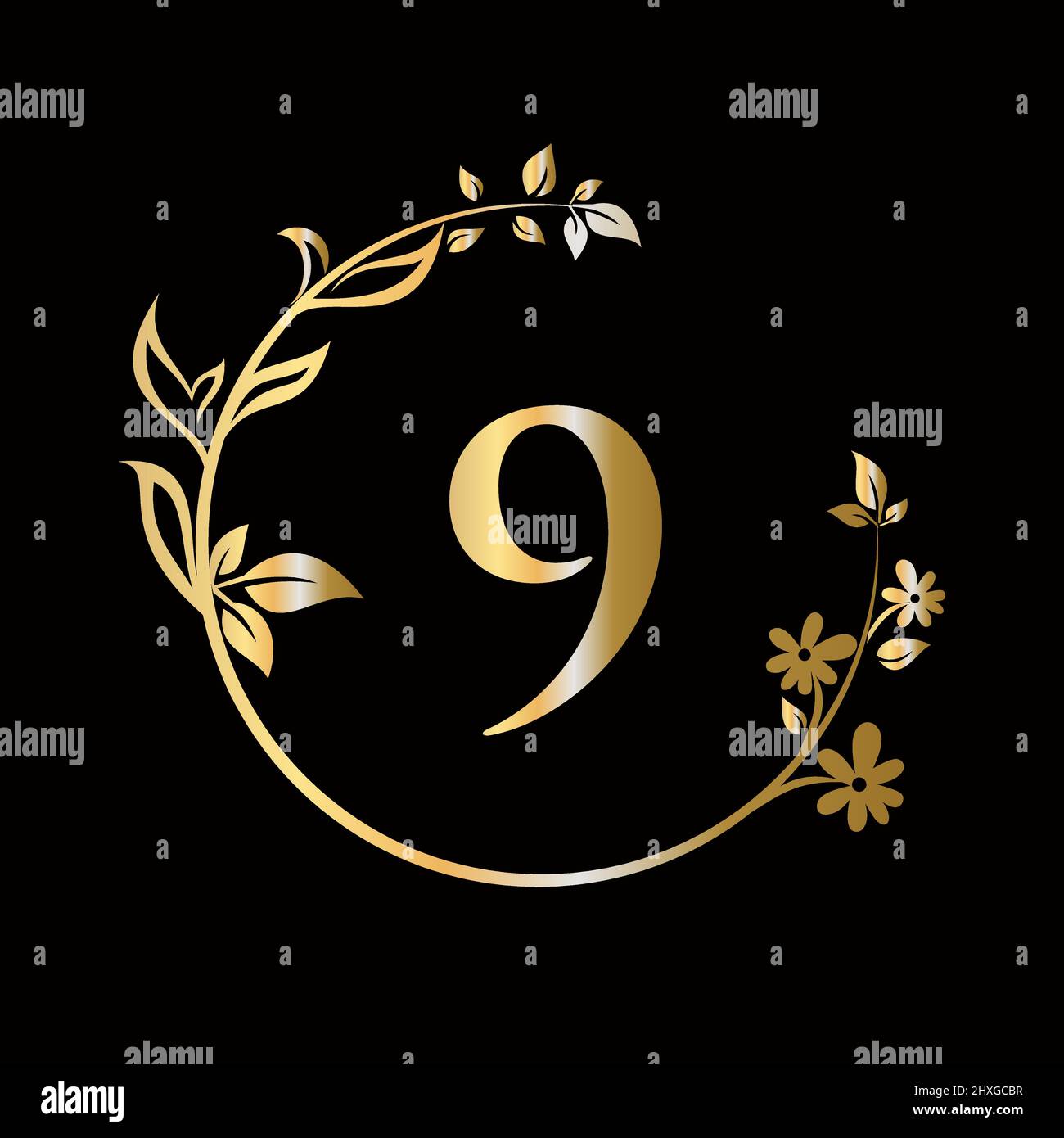 Lettera 9 Beauty flower logo con concetto creativo per azienda, affari, decorativo, fiore, bellezza, modello vettoriale premium spa Illustrazione Vettoriale