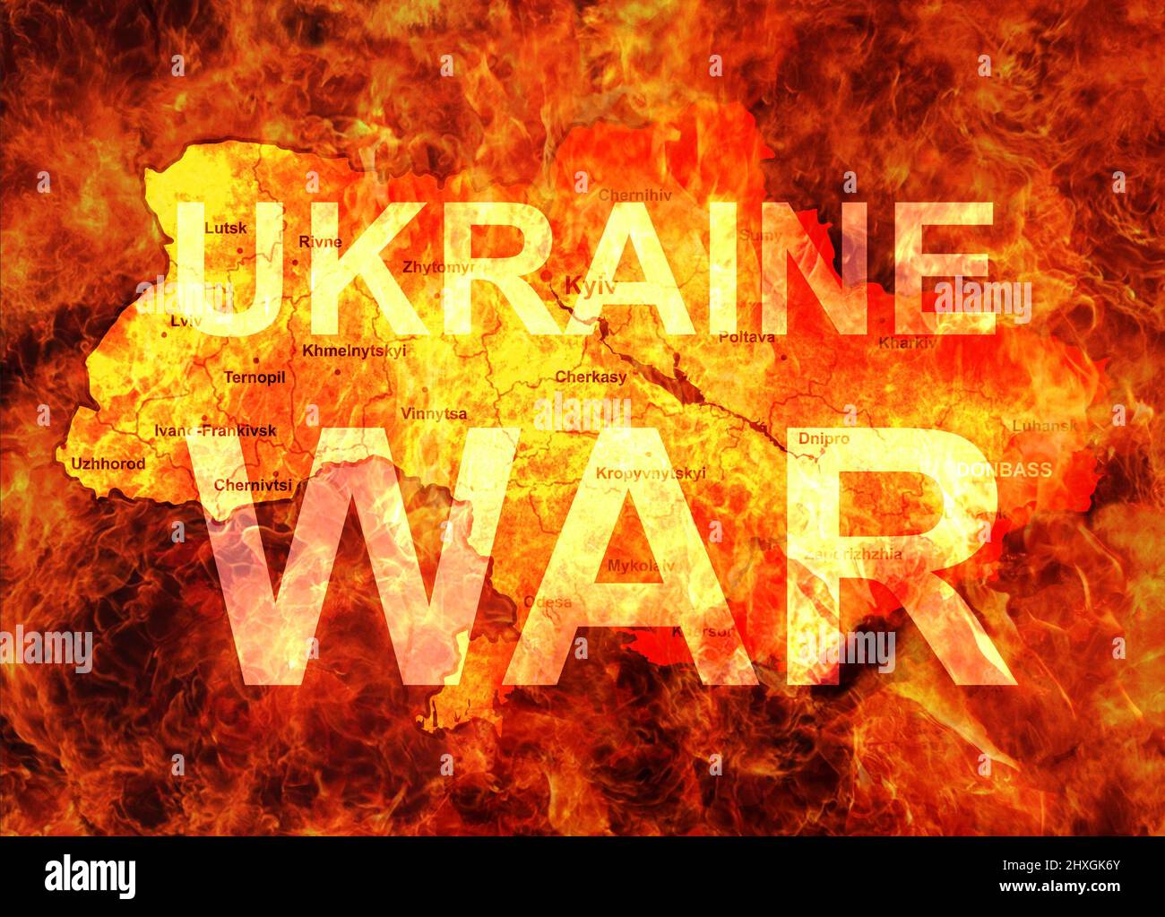 Concetto di guerra in Ucraina, Russia e Ucraina conflitti sulla mappa bruciante. Bandiera con territorio ucraino in fiamme. Russia vs Ucraina in fiamme. Illustrazione Foto Stock