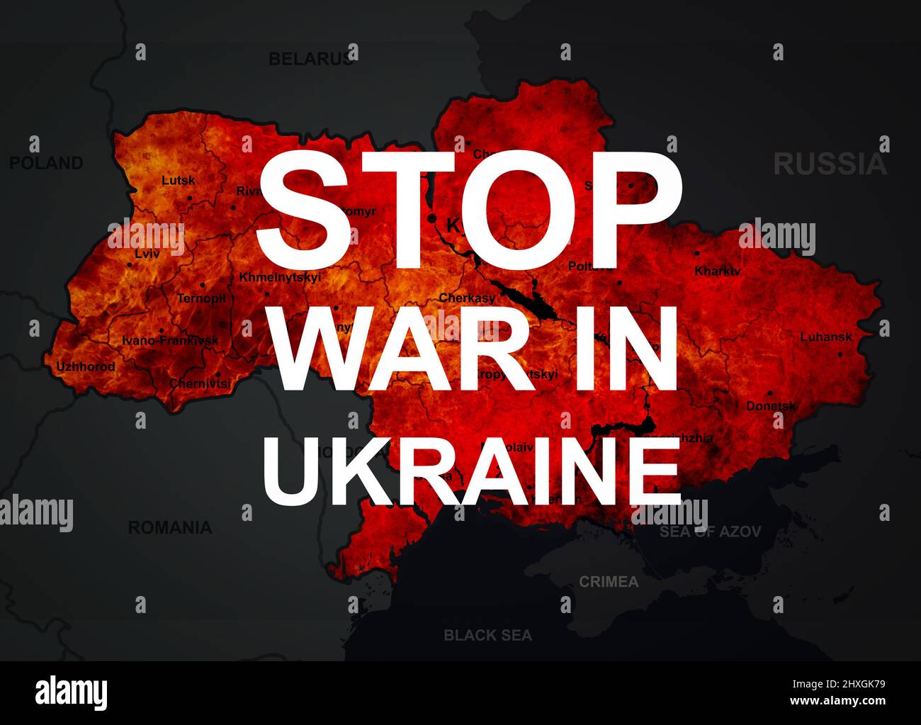 Stop War in Ucraina Concept, Russia e Ucraina conflitto sulla mappa bruciante. Bandiera con territorio ucraino in fuoco e iscrizione. Russia vs Ucraina Foto Stock