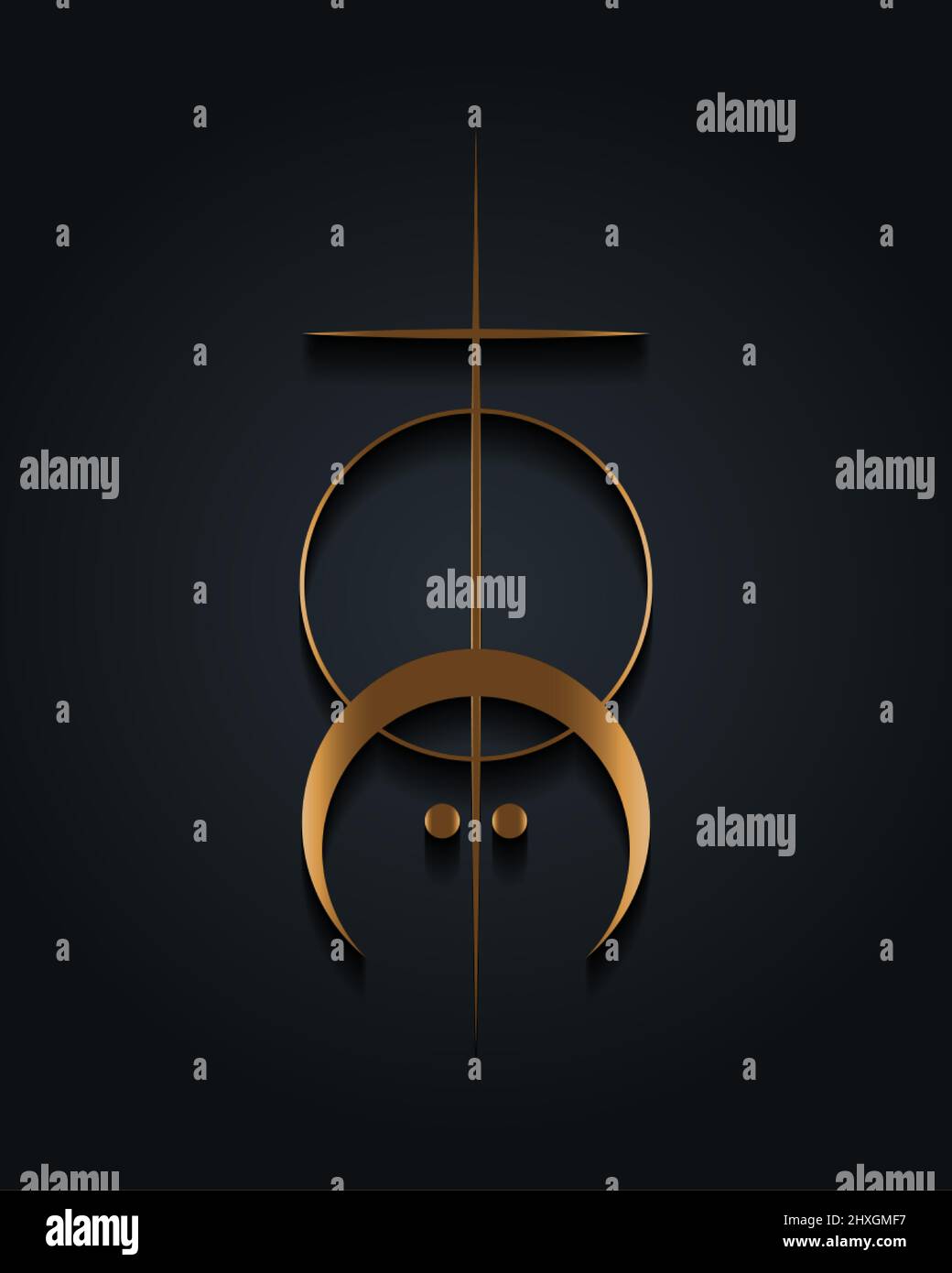Geometria sacra, logo tatuaggio oro con sole, luna crescente, croce esoterica alchimica, talismano celestiale magica mistica. Occultismo spirituale segno oggetto Illustrazione Vettoriale