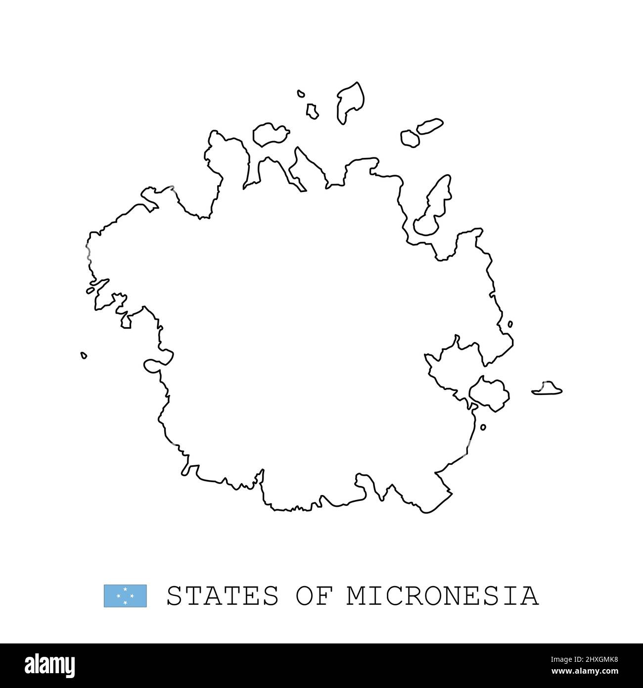 Stati della linea mappa Micronesia, linea lineare sottile vettoriale semplice e flag. Nero su sfondo bianco Illustrazione Vettoriale